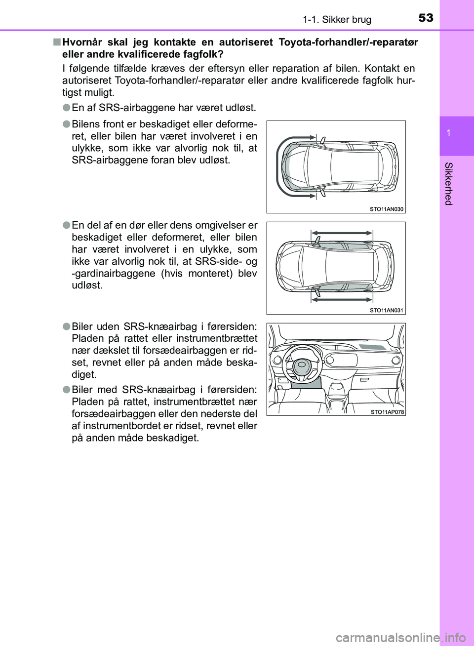 TOYOTA YARIS HATCHBACK 2018 Brugsanvisning (in Danish) 531-1. Sikker brug
1
Sikkerhed
YARIS_HV_OM_Europe_OM52C96DKn
Hvornår skal jeg kontakte en autori seret Toyota-forhandler/-reparatør
eller andre kvalificerede fagfolk?
I følgende tilfælde kræves d TOYOTA YARIS HATCHBACK 2018 Brugsanvisning (in Danish) 531-1. Sikker brug
1
Sikkerhed
YARIS_HV_OM_Europe_OM52C96DKn
Hvornår skal jeg kontakte en autori seret Toyota-forhandler/-reparatør
eller andre kvalificerede fagfolk?
I følgende tilfælde kræves d