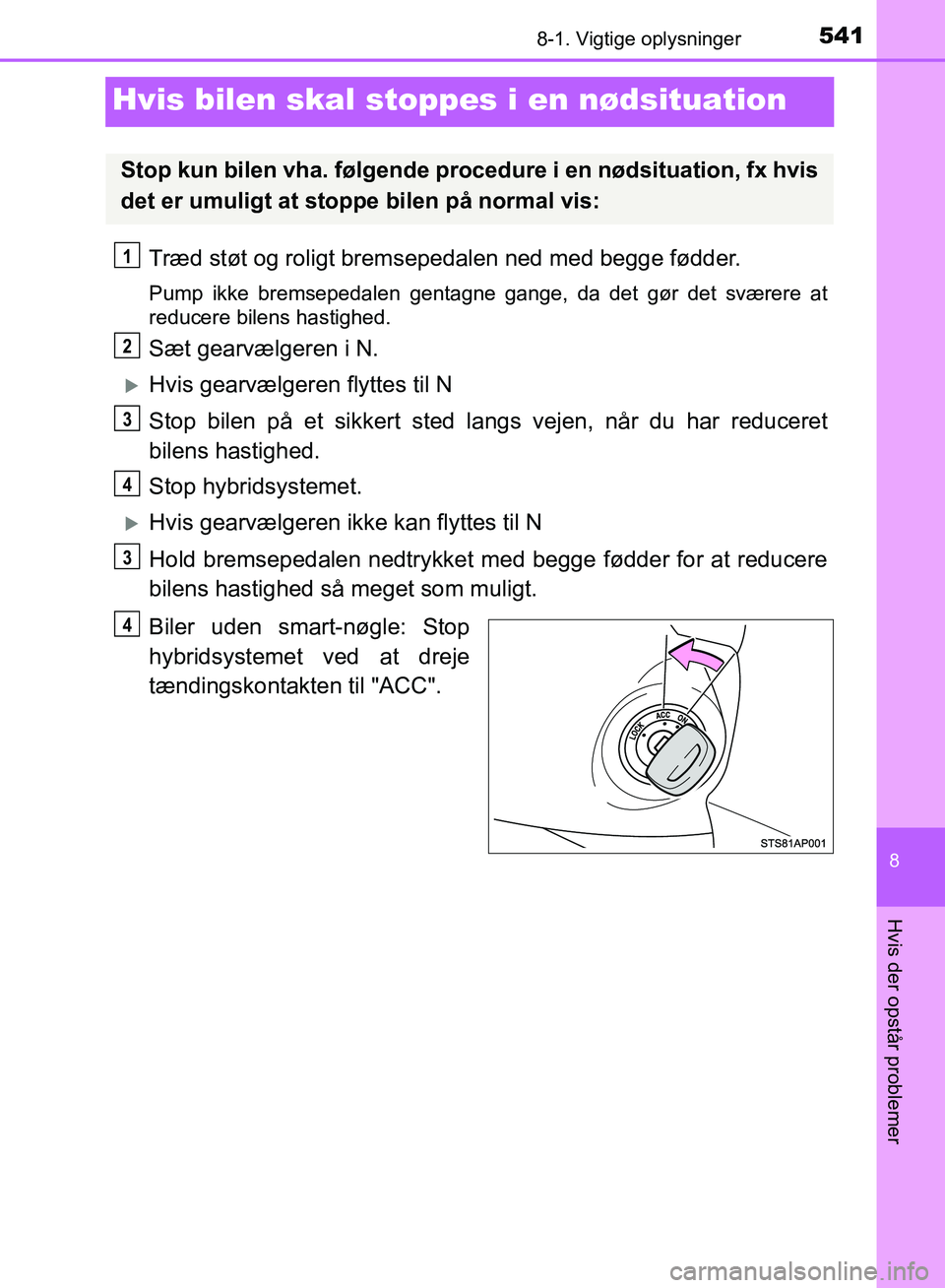 TOYOTA YARIS HATCHBACK 2018  Brugsanvisning (in Danish) 5418-1. Vigtige oplysninger
8
Hvis der opstår problemer
YARIS_HV_OM_Europe_OM52C96DK
Hvis bilen skal stoppes i en nødsituation
Træd støt og roligt bremsepedalen ned med begge fødder.
Pump ikke br
