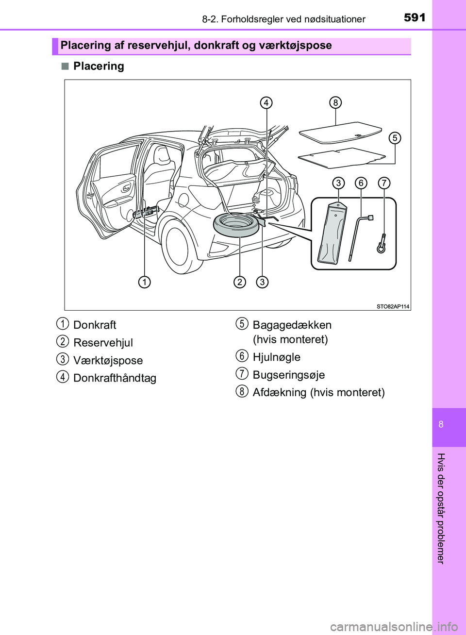 TOYOTA YARIS HATCHBACK 2018 Brugsanvisning (in Danish) 5918-2. Forholdsregler ved nødsituationer
8
Hvis der opstår problemer
YARIS_HV_OM_Europe_OM52C96DKn
Placering
Placering af reservehjul, donkraft og værktøjspose
Donkraft
Reservehjul
Værktøjspose TOYOTA YARIS HATCHBACK 2018 Brugsanvisning (in Danish) 5918-2. Forholdsregler ved nødsituationer
8
Hvis der opstår problemer
YARIS_HV_OM_Europe_OM52C96DKn
Placering
Placering af reservehjul, donkraft og værktøjspose
Donkraft
Reservehjul
Værktøjspose