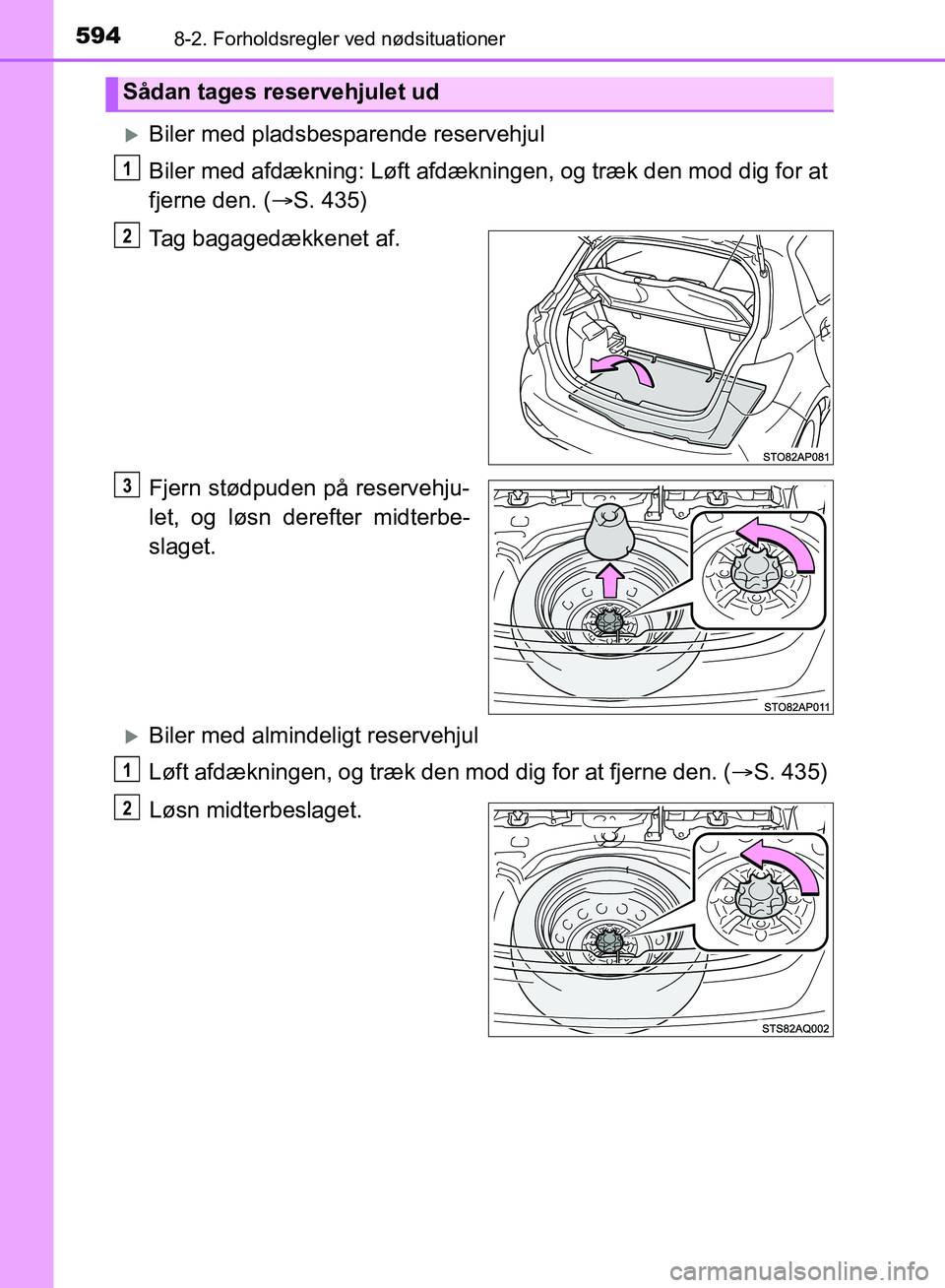 TOYOTA YARIS HATCHBACK 2018  Brugsanvisning (in Danish) 5948-2. Forholdsregler ved nødsituationer
YARIS_HV_OM_Europe_OM52C96DK
Biler med pladsbesparende reservehjul
Biler med afdækning: Løft afdækningen, og træk den mod dig for at
fjerne den. (S
