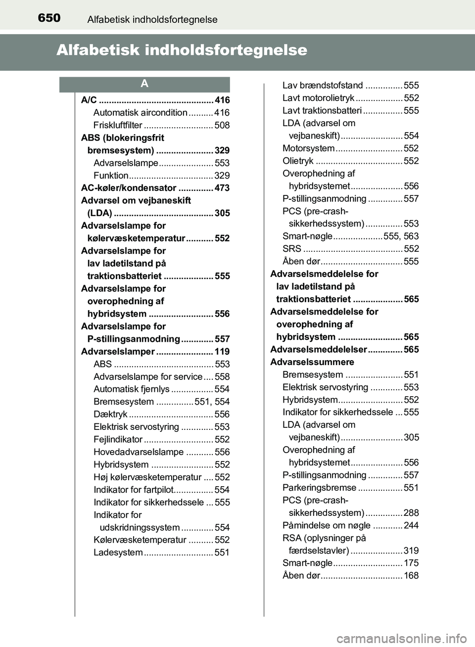 TOYOTA YARIS HATCHBACK 2018 Brugsanvisning (in Danish) 650Alfabetisk indholdsfortegnelse
YARIS_HV_OM_Europe_OM52C96DK
Alfabetisk indholdsfortegnelse
A/C .............................................. 416Automatisk aircondition .......... 416
Friskluftfilt TOYOTA YARIS HATCHBACK 2018 Brugsanvisning (in Danish) 650Alfabetisk indholdsfortegnelse
YARIS_HV_OM_Europe_OM52C96DK
Alfabetisk indholdsfortegnelse
A/C .............................................. 416Automatisk aircondition .......... 416
Friskluftfilt