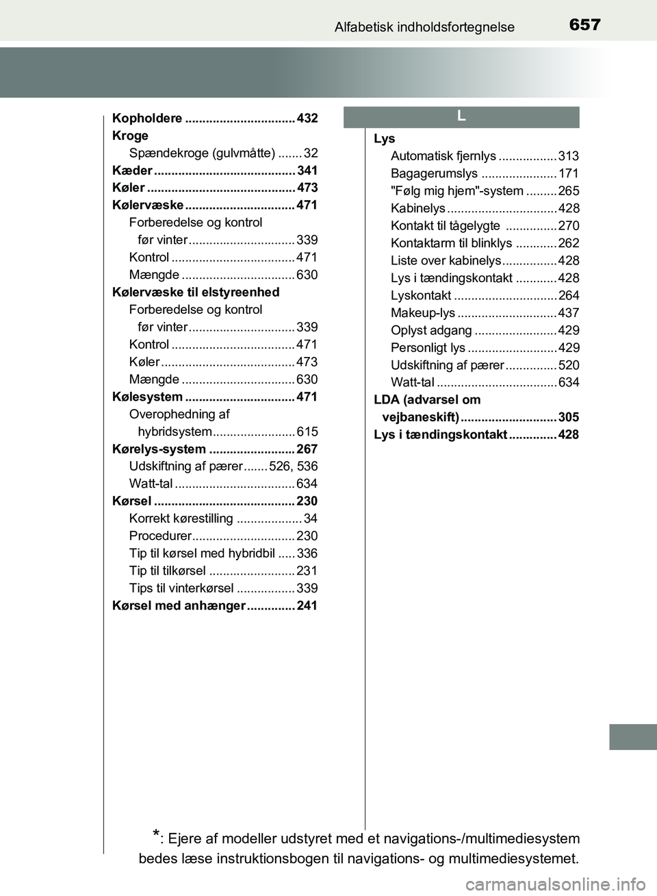 TOYOTA YARIS HATCHBACK 2018  Brugsanvisning (in Danish) 657Alfabetisk indholdsfortegnelse
YARIS_HV_OM_Europe_OM52C96DK
Kopholdere ................................ 432
KrogeSpændekroge (gulvmåtte) ....... 32
Kæder ........................................
