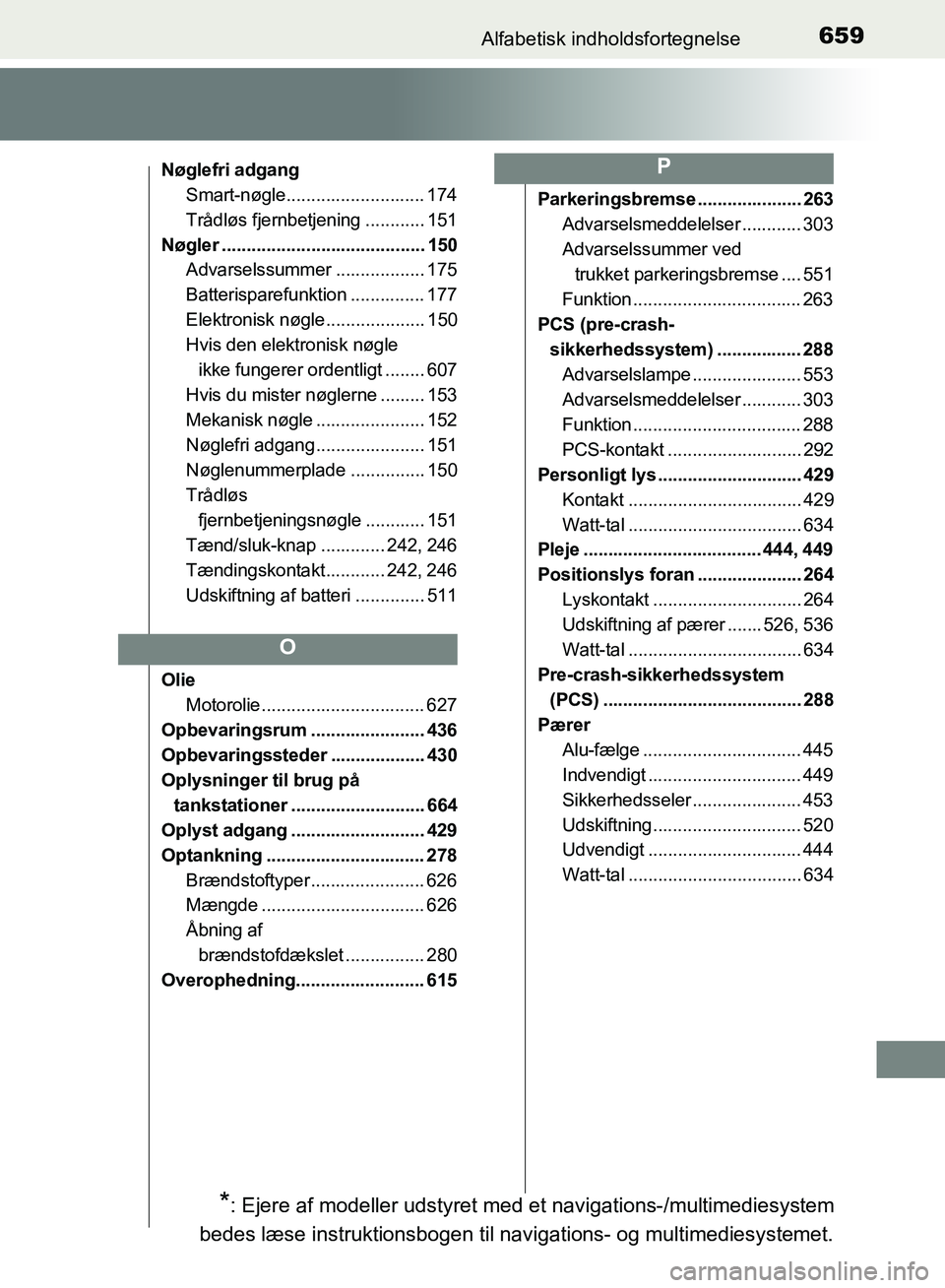 TOYOTA YARIS HATCHBACK 2018  Brugsanvisning (in Danish) 659Alfabetisk indholdsfortegnelse
YARIS_HV_OM_Europe_OM52C96DK
Nøglefri adgangSmart-nøgle............................ 174
Trådløs fjernbetjening ............ 151
Nøgler ..........................
