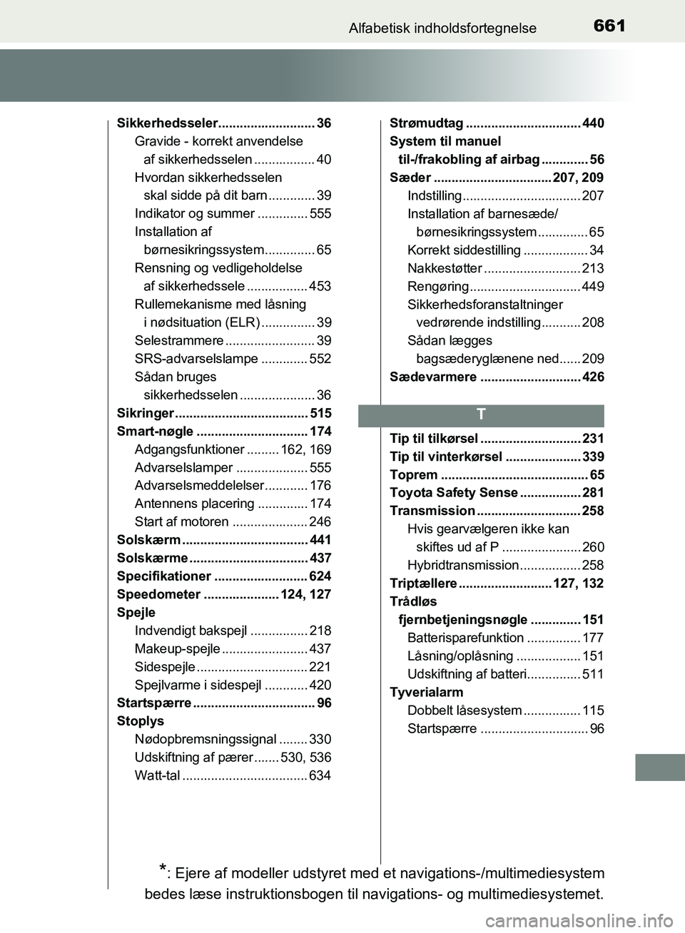 TOYOTA YARIS HATCHBACK 2018 Brugsanvisning (in Danish) 661Alfabetisk indholdsfortegnelse
YARIS_HV_OM_Europe_OM52C96DK
Sikkerhedsseler........................... 36Gravide - korrekt anvendelse
af sikkerhedsselen ................. 40
Hvordan sikkerhedssele TOYOTA YARIS HATCHBACK 2018 Brugsanvisning (in Danish) 661Alfabetisk indholdsfortegnelse
YARIS_HV_OM_Europe_OM52C96DK
Sikkerhedsseler........................... 36Gravide - korrekt anvendelse
af sikkerhedsselen ................. 40
Hvordan sikkerhedssele