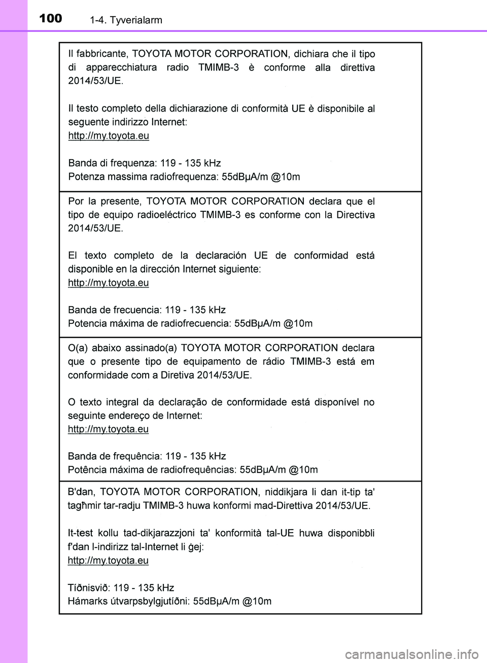 TOYOTA YARIS HATCHBACK 2018 Brugsanvisning (in Danish) 1001-4. Tyverialarm
YARIS_HV_OM_Europe_OM52C96DK
OM52C96DK.book Page 100 Friday, February 23, 2018 9:50 AM TOYOTA YARIS HATCHBACK 2018 Brugsanvisning (in Danish) 1001-4. Tyverialarm
YARIS_HV_OM_Europe_OM52C96DK
OM52C96DK.book Page 100 Friday, February 23, 2018 9:50 AM