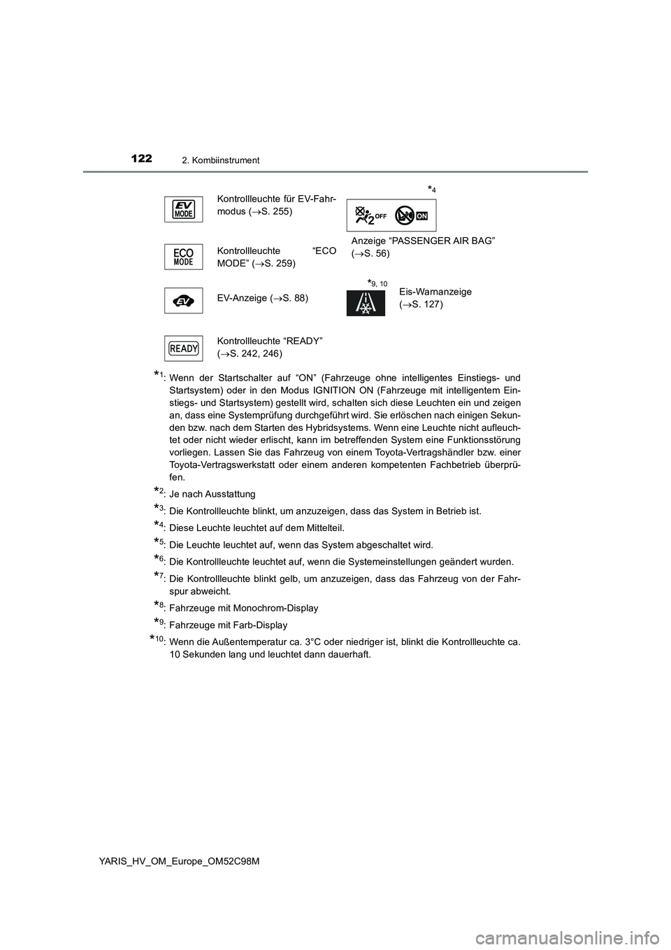 TOYOTA YARIS HATCHBACK 2018  Betriebsanleitungen (in German) 1222. Kombiinstrument
YARIS_HV_OM_Europe_OM52C98M
*1: Wenn der Startschalter auf “ON” (Fahrzeuge ohne intelligentes Einstiegs- und 
Startsystem) oder in den Modus IGNITION ON (Fahrzeuge mit intell