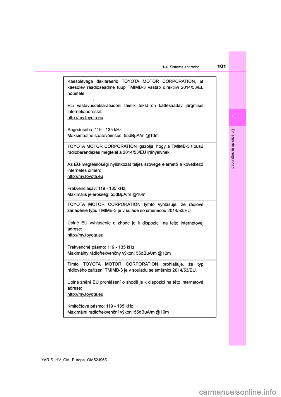 TOYOTA YARIS HATCHBACK 2018 Manual del propietario (in Spanish) 1011-4. Sistema antirrobo
1
En aras de la seguridad
YARIS_HV_OM_Europe_OM52J95S TOYOTA YARIS HATCHBACK 2018 Manual del propietario (in Spanish) 1011-4. Sistema antirrobo
1
En aras de la seguridad
YARIS_HV_OM_Europe_OM52J95S