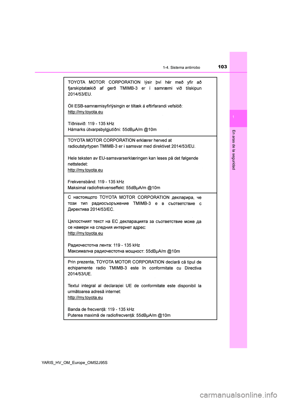 TOYOTA YARIS HATCHBACK 2018 Manual del propietario (in Spanish) 1031-4. Sistema antirrobo
1
En aras de la seguridad
YARIS_HV_OM_Europe_OM52J95S TOYOTA YARIS HATCHBACK 2018 Manual del propietario (in Spanish) 1031-4. Sistema antirrobo
1
En aras de la seguridad
YARIS_HV_OM_Europe_OM52J95S