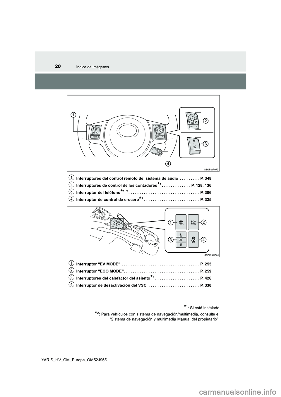 TOYOTA YARIS HATCHBACK 2018  Manual del propietario (in Spanish) 20Índice de imágenes
YARIS_HV_OM_Europe_OM52J95S 
Interruptores del control remoto del sistema de audio  . . . . . . . . .  P. 348 
Interruptores de control de los contadores*1. . . . . . . . . . . 