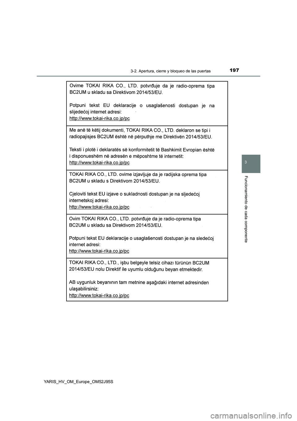 TOYOTA YARIS HATCHBACK 2018 Manual del propietario (in Spanish) 1973-2. Apertura, cierre y bloqueo de las puertas
3
Funcionamiento de cada componente
YARIS_HV_OM_Europe_OM52J95S TOYOTA YARIS HATCHBACK 2018 Manual del propietario (in Spanish) 1973-2. Apertura, cierre y bloqueo de las puertas
3
Funcionamiento de cada componente
YARIS_HV_OM_Europe_OM52J95S