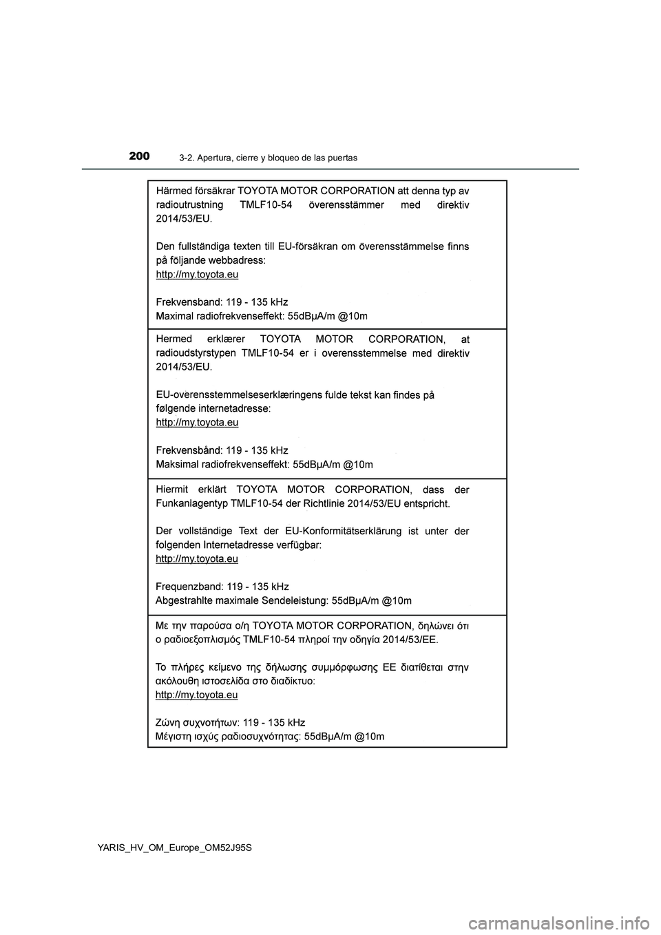 TOYOTA YARIS HATCHBACK 2018 Manual del propietario (in Spanish) 2003-2. Apertura, cierre y bloqueo de las puertas
YARIS_HV_OM_Europe_OM52J95S TOYOTA YARIS HATCHBACK 2018 Manual del propietario (in Spanish) 2003-2. Apertura, cierre y bloqueo de las puertas
YARIS_HV_OM_Europe_OM52J95S
