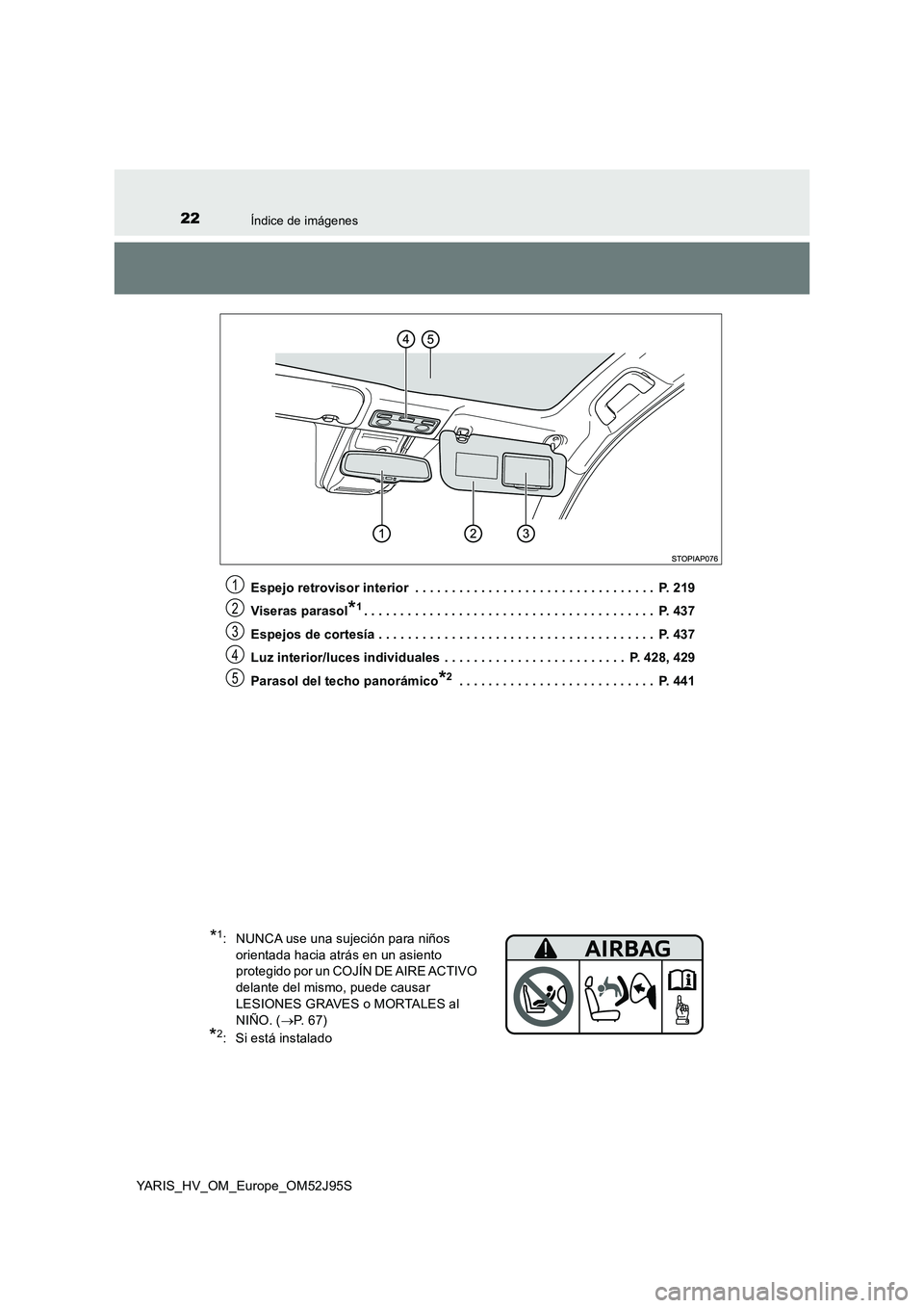 TOYOTA YARIS HATCHBACK 2018  Manual del propietario (in Spanish) 22Índice de imágenes
YARIS_HV_OM_Europe_OM52J95S 
Espejo retrovisor interior  . . . . . . . . . . . . . . . . . . . . . . . . . . . . . . . . .  P. 219 
Viseras parasol*1. . . . . . . . . . . . . . 