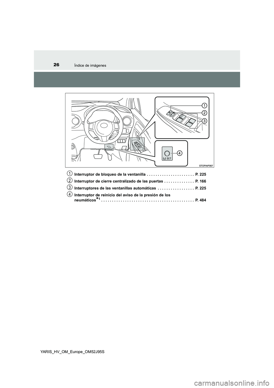 TOYOTA YARIS HATCHBACK 2018  Manual del propietario (in Spanish) 26Índice de imágenes
YARIS_HV_OM_Europe_OM52J95S 
Interruptor de bloqueo de la ventanilla  . . . . . . . . . . . . . . . . . . . . . .  P. 225 
Interruptor de cierre centralizado de las puertas  . .