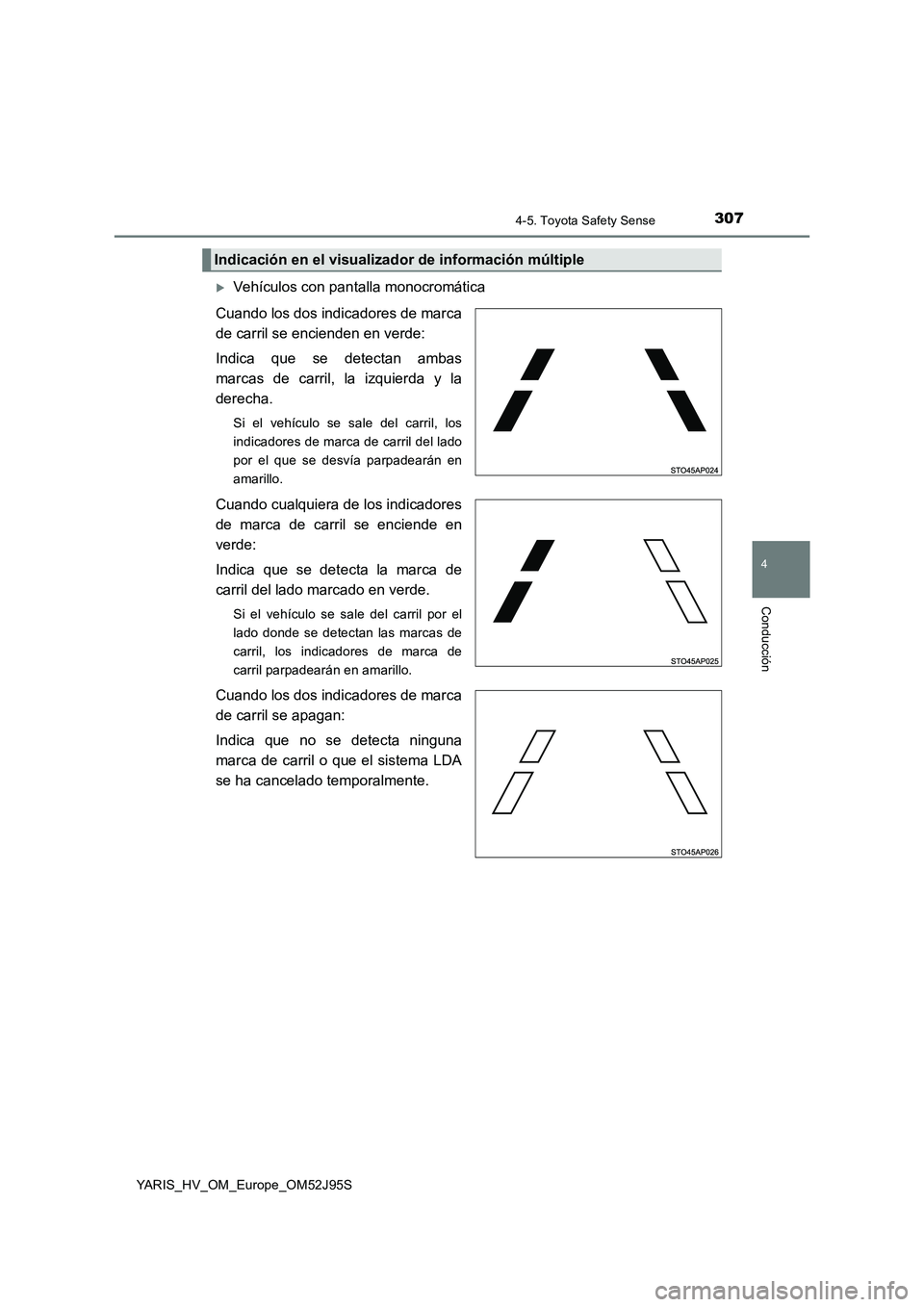 TOYOTA YARIS HATCHBACK 2018 Manual del propietario (in Spanish) 3074-5. Toyota Safety Sense
4
Conducción
YARIS_HV_OM_Europe_OM52J95S
Vehículos con pantalla monocromática
Cuando los dos indicadores de marca
de carril se encienden en verde:
Indica que se d TOYOTA YARIS HATCHBACK 2018 Manual del propietario (in Spanish) 3074-5. Toyota Safety Sense
4
Conducción
YARIS_HV_OM_Europe_OM52J95S
Vehículos con pantalla monocromática
Cuando los dos indicadores de marca
de carril se encienden en verde:
Indica que se d