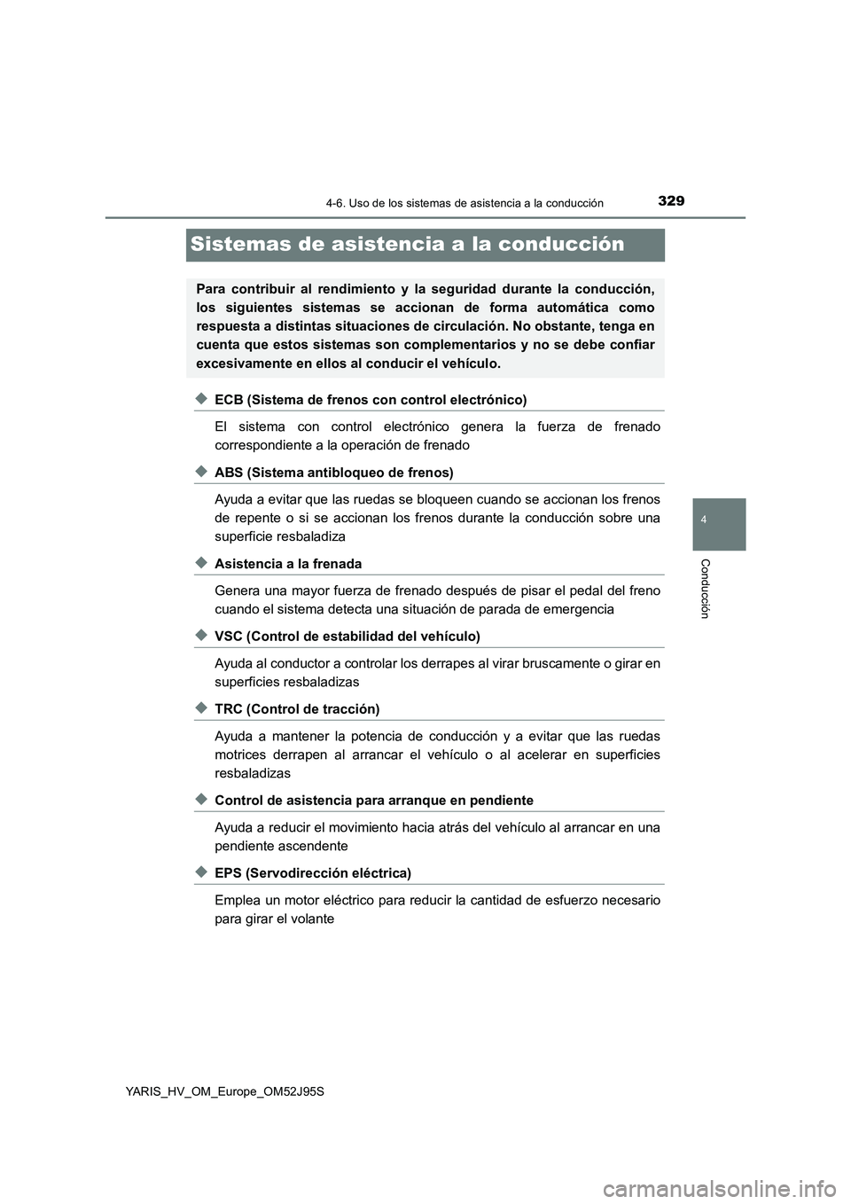 TOYOTA YARIS HATCHBACK 2018 Manual del propietario (in Spanish) 329
4
4-6. Uso de los sistemas de asistencia a la conducción
Conducción
YARIS_HV_OM_Europe_OM52J95S
Sistemas de asistencia a la conducción
◆ECB (Sistema de frenos con control electrónico)
El si TOYOTA YARIS HATCHBACK 2018 Manual del propietario (in Spanish) 329
4
4-6. Uso de los sistemas de asistencia a la conducción
Conducción
YARIS_HV_OM_Europe_OM52J95S
Sistemas de asistencia a la conducción
◆ECB (Sistema de frenos con control electrónico)
El si