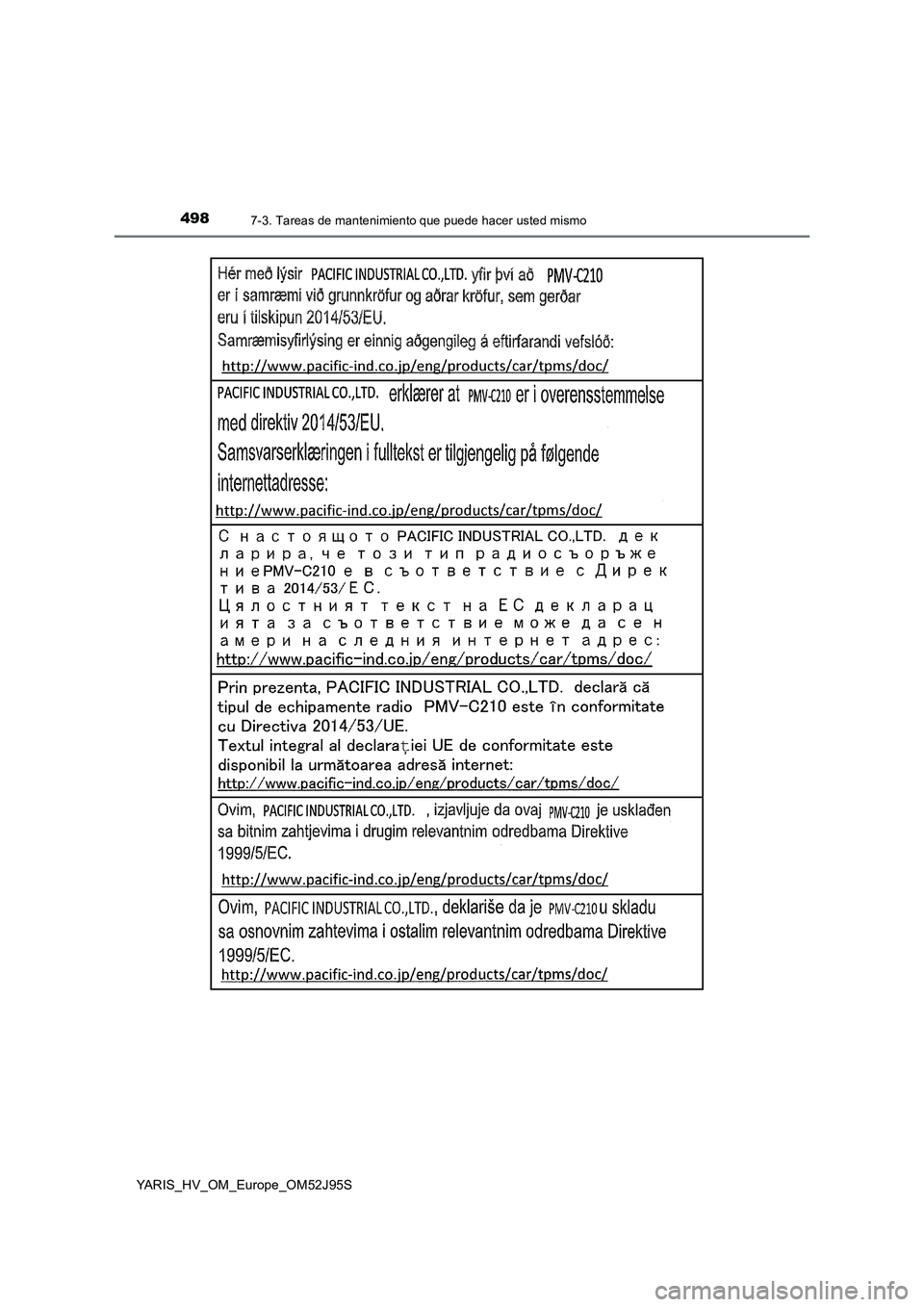 TOYOTA YARIS HATCHBACK 2018 Manual del propietario (in Spanish) 4987-3. Tareas de mantenimiento que puede hacer usted mismo
YARIS_HV_OM_Europe_OM52J95S TOYOTA YARIS HATCHBACK 2018 Manual del propietario (in Spanish) 4987-3. Tareas de mantenimiento que puede hacer usted mismo
YARIS_HV_OM_Europe_OM52J95S