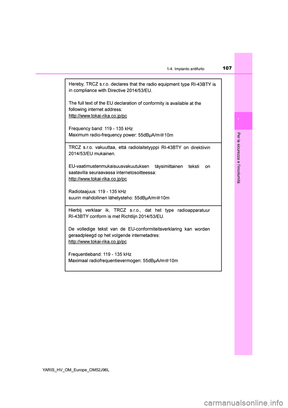 TOYOTA YARIS HATCHBACK 2018 Manuale duso (in Italian) 1071-4. Impianto antifurto
1
Per la sicurezza e l’incolumità
YARIS_HV_OM_Europe_OM52J96L TOYOTA YARIS HATCHBACK 2018 Manuale duso (in Italian) 1071-4. Impianto antifurto
1
Per la sicurezza e l’incolumità
YARIS_HV_OM_Europe_OM52J96L