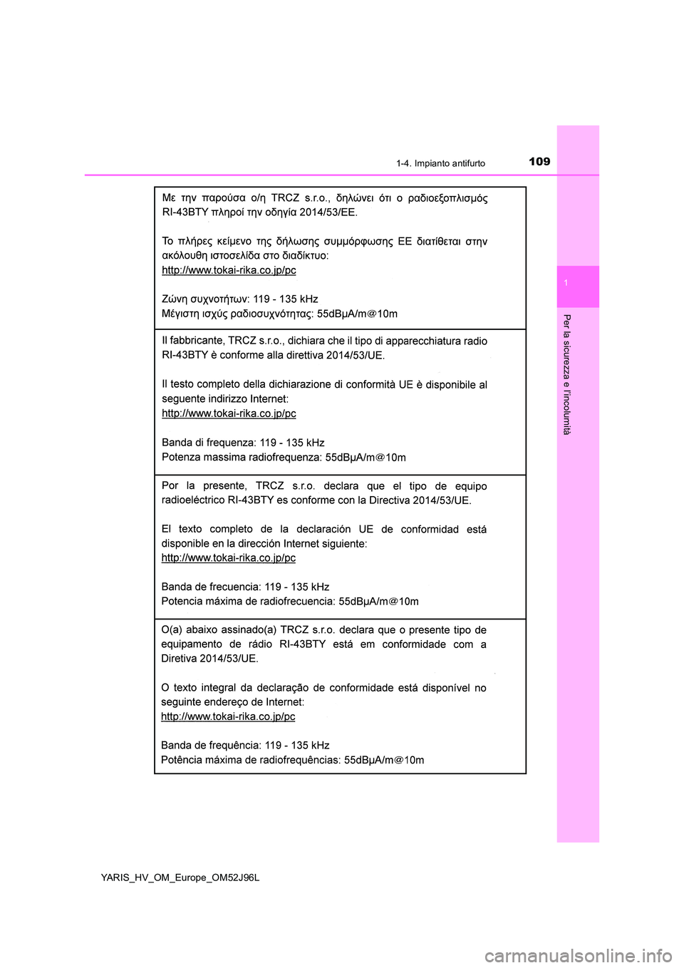 TOYOTA YARIS HATCHBACK 2018 Manuale duso (in Italian) 1091-4. Impianto antifurto
1
Per la sicurezza e l’incolumità
YARIS_HV_OM_Europe_OM52J96L TOYOTA YARIS HATCHBACK 2018 Manuale duso (in Italian) 1091-4. Impianto antifurto
1
Per la sicurezza e l’incolumità
YARIS_HV_OM_Europe_OM52J96L