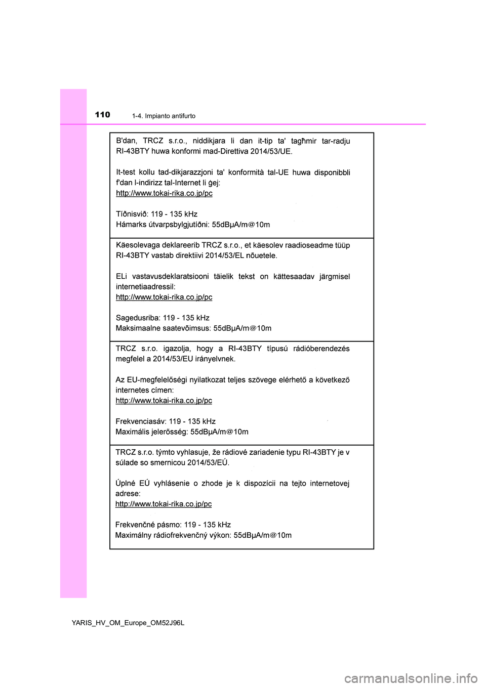 TOYOTA YARIS HATCHBACK 2018 Manuale duso (in Italian) 1101-4. Impianto antifurto
YARIS_HV_OM_Europe_OM52J96L TOYOTA YARIS HATCHBACK 2018 Manuale duso (in Italian) 1101-4. Impianto antifurto
YARIS_HV_OM_Europe_OM52J96L
