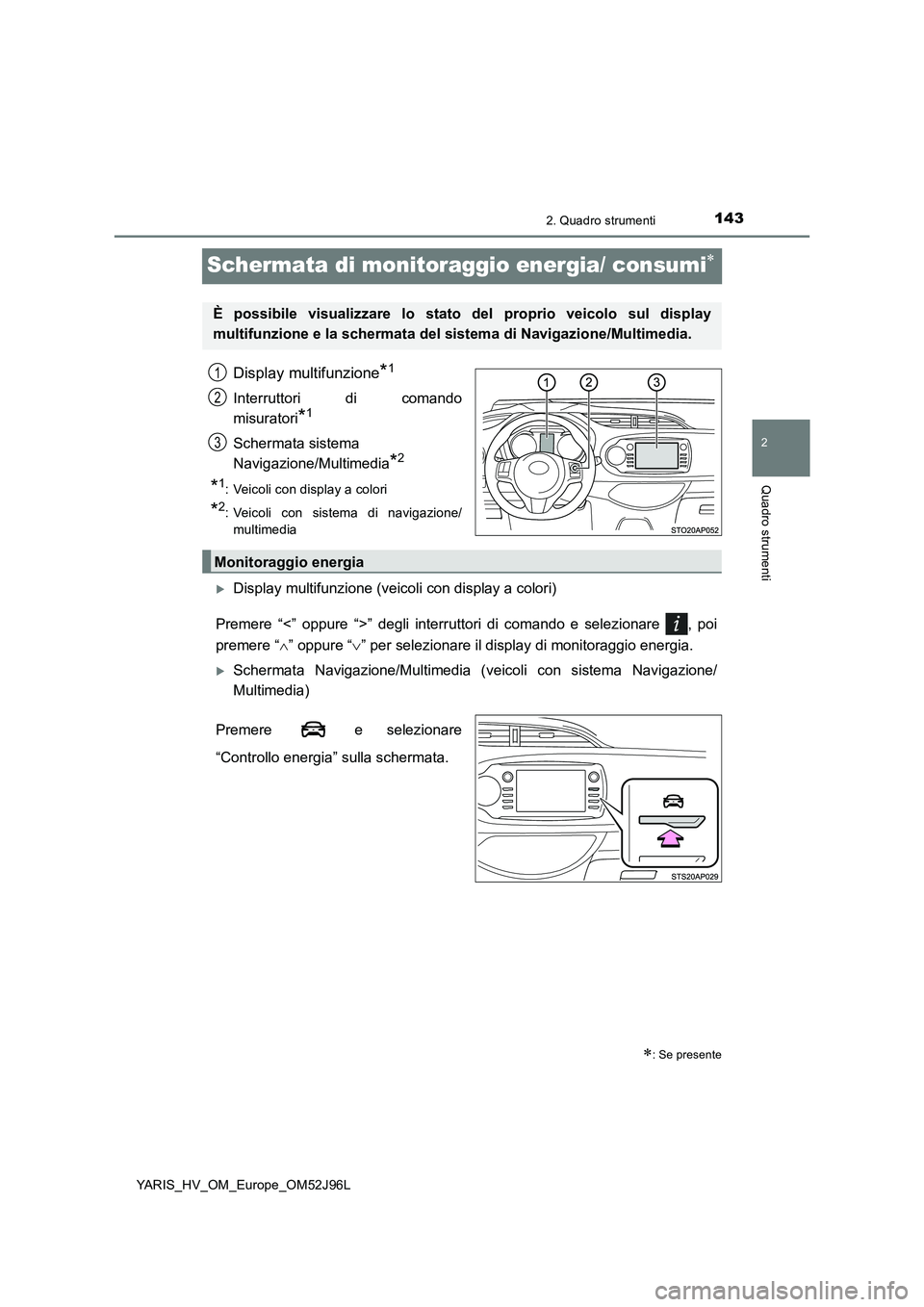 TOYOTA YARIS HATCHBACK 2018 Manuale duso (in Italian) 143
2
2. Quadro strumenti
Quadro strumenti
YARIS_HV_OM_Europe_OM52J96L
Schermata di monitoraggio energia/ consumi
Display multifunzione*1
Interruttori di comando
misuratori*1
Schermata sistema
N TOYOTA YARIS HATCHBACK 2018 Manuale duso (in Italian) 143
2
2. Quadro strumenti
Quadro strumenti
YARIS_HV_OM_Europe_OM52J96L
Schermata di monitoraggio energia/ consumi
Display multifunzione*1
Interruttori di comando
misuratori*1
Schermata sistema
N