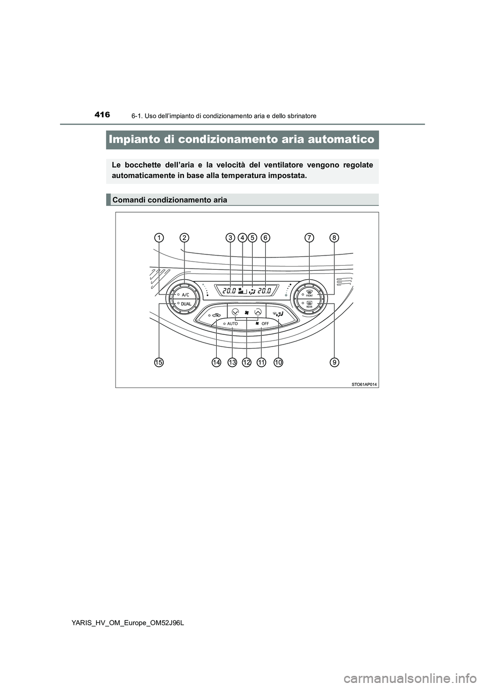 TOYOTA YARIS HATCHBACK 2018 Manuale duso (in Italian) 4166-1. Uso dell’impianto di condizionamento aria e dello sbrinatore
YARIS_HV_OM_Europe_OM52J96L
Impianto di condizionamento aria automatico
Le bocchette dell’aria e la velocità del ventilatore v TOYOTA YARIS HATCHBACK 2018 Manuale duso (in Italian) 4166-1. Uso dell’impianto di condizionamento aria e dello sbrinatore
YARIS_HV_OM_Europe_OM52J96L
Impianto di condizionamento aria automatico
Le bocchette dell’aria e la velocità del ventilatore v