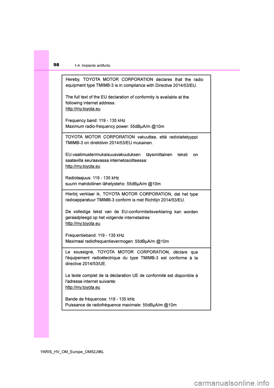 TOYOTA YARIS HATCHBACK 2018 Manuale duso (in Italian) 981-4. Impianto antifurto
YARIS_HV_OM_Europe_OM52J96L TOYOTA YARIS HATCHBACK 2018 Manuale duso (in Italian) 981-4. Impianto antifurto
YARIS_HV_OM_Europe_OM52J96L