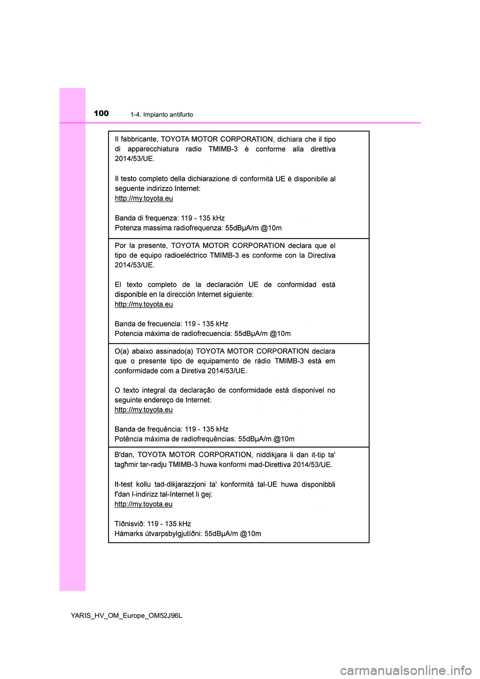 TOYOTA YARIS HATCHBACK 2018 Manuale duso (in Italian) 1001-4. Impianto antifurto
YARIS_HV_OM_Europe_OM52J96L TOYOTA YARIS HATCHBACK 2018 Manuale duso (in Italian) 1001-4. Impianto antifurto
YARIS_HV_OM_Europe_OM52J96L