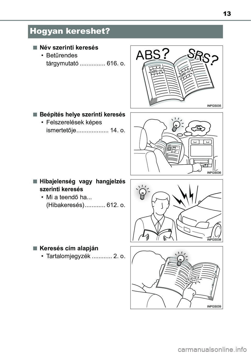 TOYOTA YARIS HATCHBACK 2018 Kezelési útmutató (in Hungarian) 13
Hogyan kereshet?
nNév szerinti keresés• Betűrendes tárgymutató ............... 616. o.
nBeépítés helye szerinti keresés
• Felszerelések képes ismertetője................... 14. o.
TOYOTA YARIS HATCHBACK 2018 Kezelési útmutató (in Hungarian) 13
Hogyan kereshet?
nNév szerinti keresés• Betűrendes tárgymutató ............... 616. o.
nBeépítés helye szerinti keresés
• Felszerelések képes ismertetője................... 14. o.