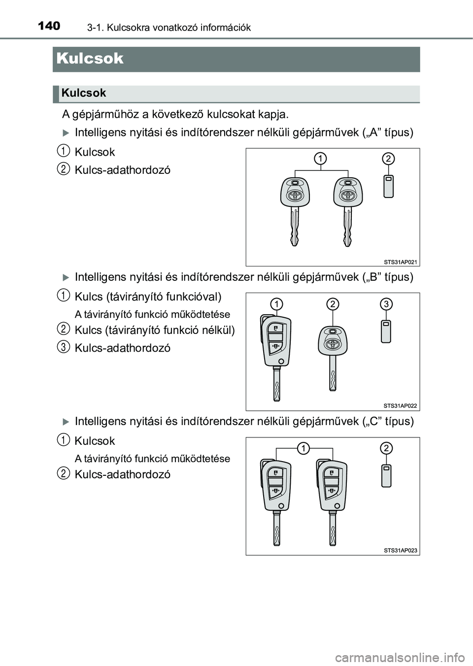TOYOTA YARIS HATCHBACK 2018 Kezelési útmutató (in Hungarian) 1403-1. Kulcsokra vonatkozó információk
Kulcsok
A gépjárműhöz a következő kulcsokat kapja.
Intelligens nyitási és indítórendszer nélküli gépjárművek („A” típus)
Kulcsok
Kulcs TOYOTA YARIS HATCHBACK 2018 Kezelési útmutató (in Hungarian) 1403-1. Kulcsokra vonatkozó információk
Kulcsok
A gépjárműhöz a következő kulcsokat kapja.
Intelligens nyitási és indítórendszer nélküli gépjárművek („A” típus)
Kulcsok
Kulcs