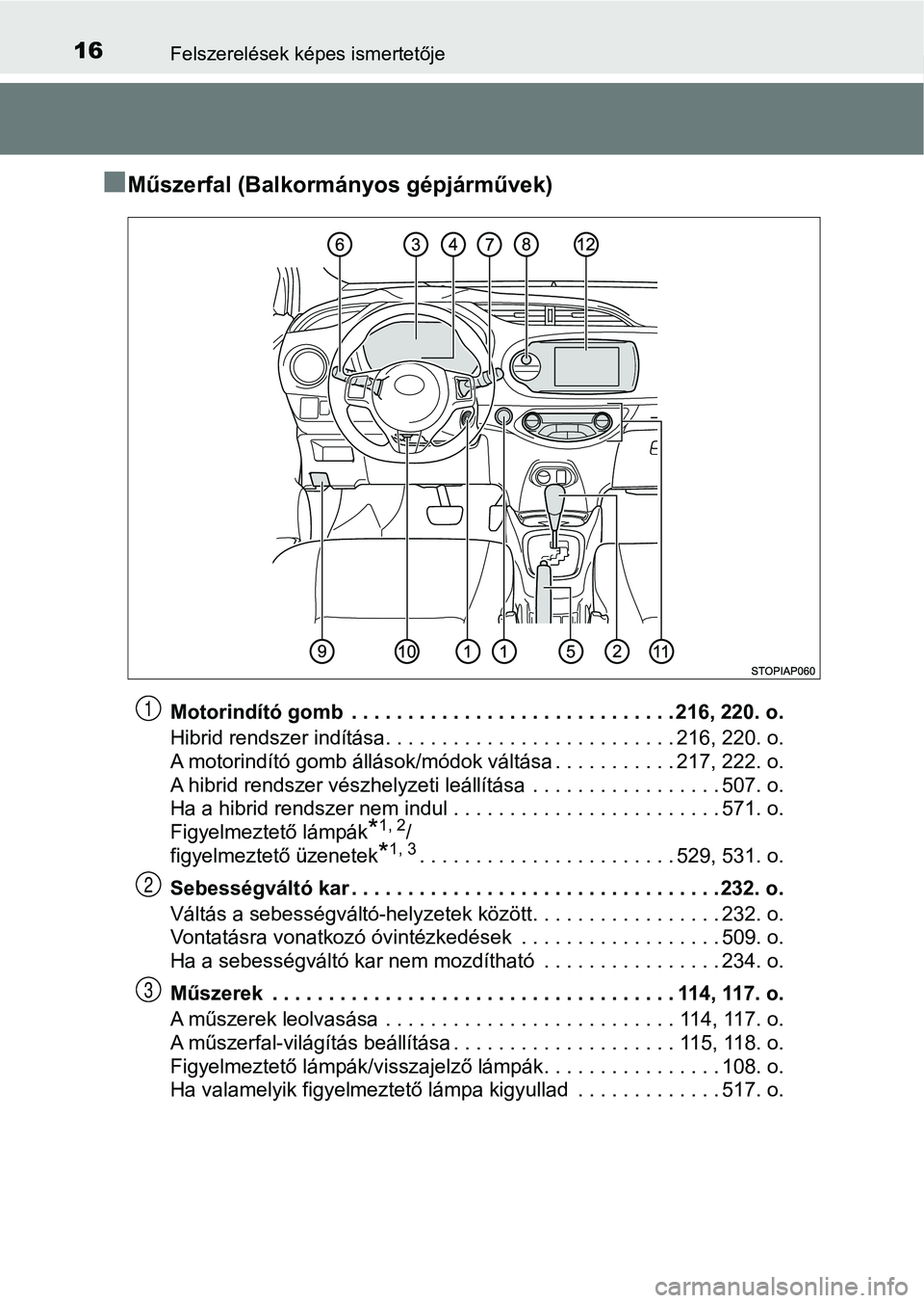 TOYOTA YARIS HATCHBACK 2018  Kezelési útmutató (in Hungarian) 16Felszerelések képes ismertetője
nMűszerfal (Balkormányos gépjárművek)
Motorindító gomb  . . . . . . . . . . . . . . . . . . . . . . . . . . . . . 216, 220. o.
Hibrid rendszer indítása. .