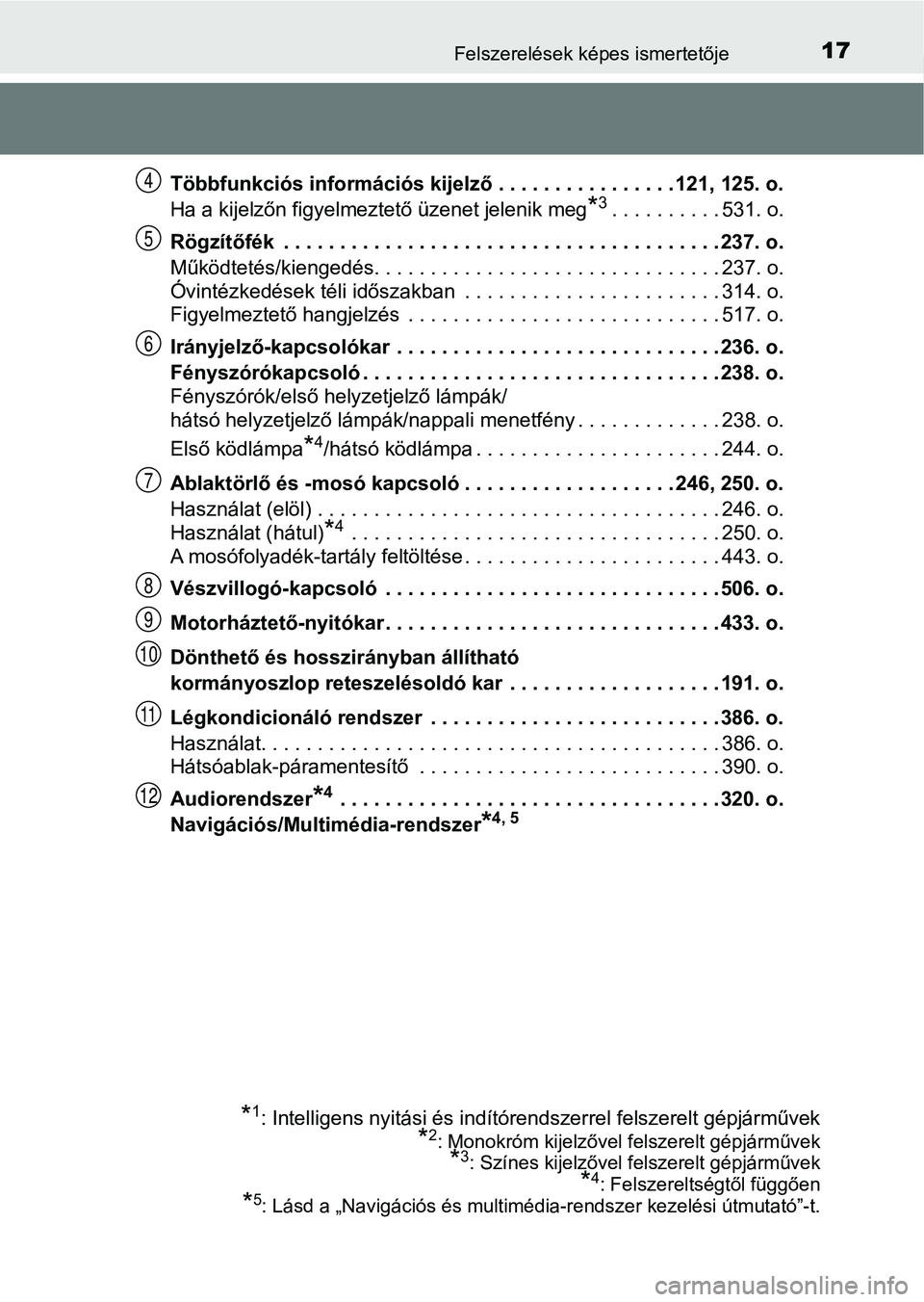 TOYOTA YARIS HATCHBACK 2018  Kezelési útmutató (in Hungarian) 17Felszerelések képes ismertetője
Többfunkciós információs kijelző . . . . . . . . . . . . . . . . 121, 125. o.
Ha a kijelzőn figyelmeztető üzenet jelenik meg
*3. . . . . . . . . . 531. o.
