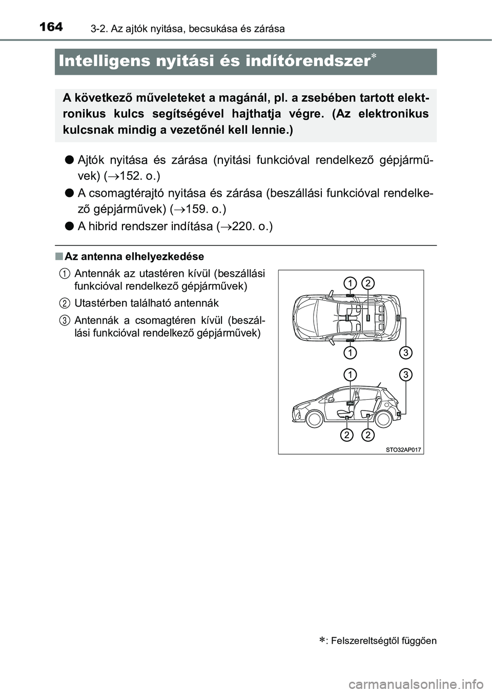 TOYOTA YARIS HATCHBACK 2018 Kezelési útmutató (in Hungarian) 1643-2. Az ajtók nyitása, becsukása és zárása
Intelligens nyitási és indítórendszer
lAjtók nyitása és zárása (nyitási funkcióval rendelkező gépjármű -
vek) ( 152. o. TOYOTA YARIS HATCHBACK 2018 Kezelési útmutató (in Hungarian) 1643-2. Az ajtók nyitása, becsukása és zárása
Intelligens nyitási és indítórendszer
lAjtók nyitása és zárása (nyitási funkcióval rendelkező gépjármű -
vek) ( 152. o.