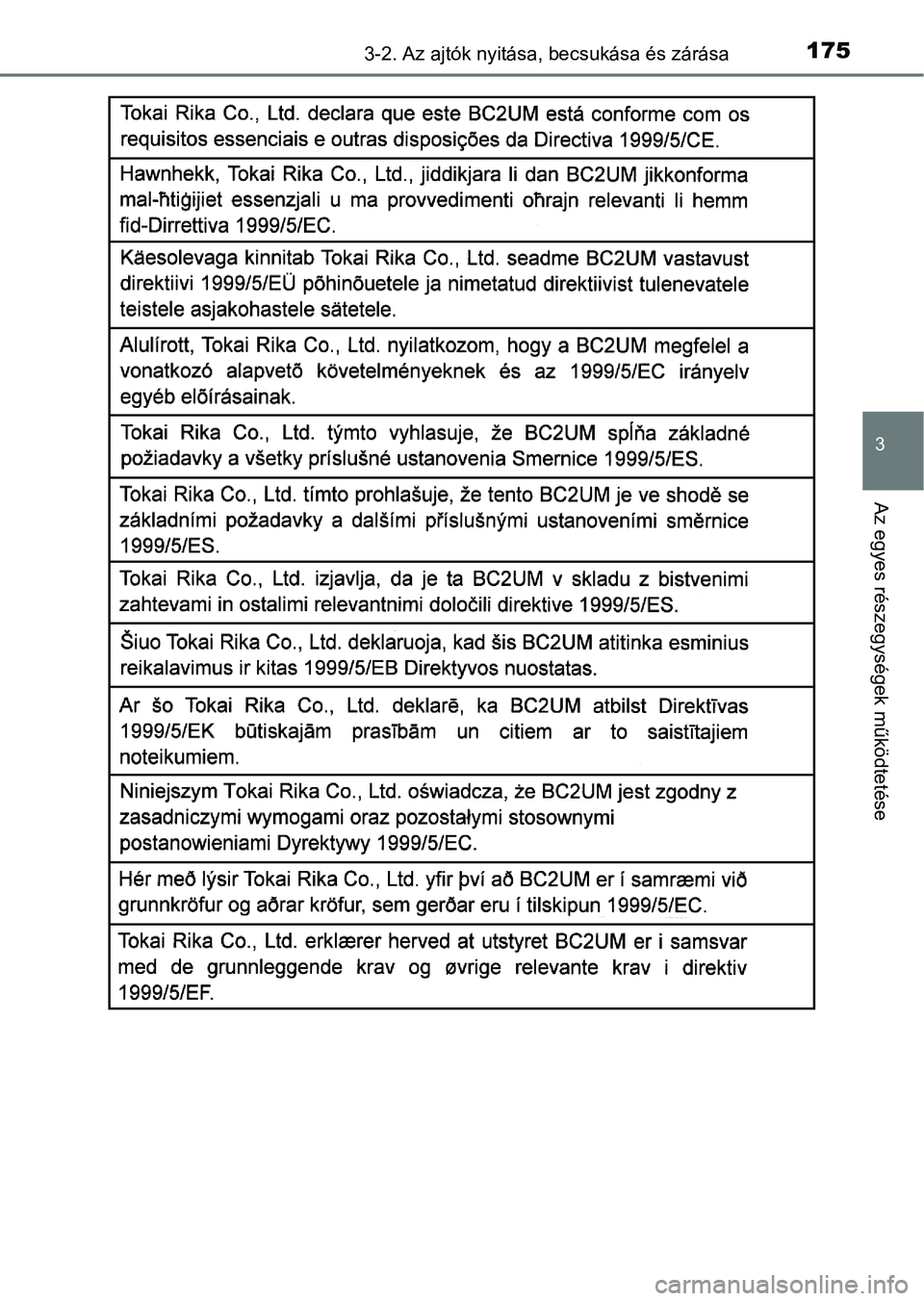 TOYOTA YARIS HATCHBACK 2018  Kezelési útmutató (in Hungarian) 1753-2. Az ajtók nyitása, becsukása és zárása
3
Az egyes részegységek működtetése 