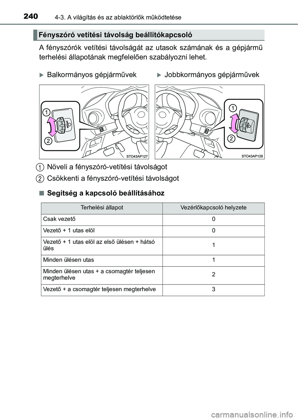 TOYOTA YARIS HATCHBACK 2018 Kezelési útmutató (in Hungarian) 2404-3. A világítás és az ablaktörlők működtetése
A fényszórók vetítési távolságát az utasok számának és a gépjár mű
terhelési állapotának megfe lelően szabályozn TOYOTA YARIS HATCHBACK 2018 Kezelési útmutató (in Hungarian) 2404-3. A világítás és az ablaktörlők működtetése
A fényszórók vetítési távolságát az utasok számának és a gépjár mű
terhelési állapotának megfe lelően szabályozn