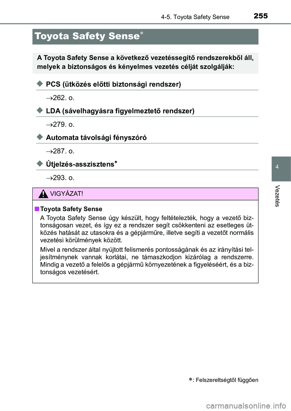 TOYOTA YARIS HATCHBACK 2018 Kezelési útmutató (in Hungarian) 255
4
4-5. Toyota Safety Sense
Vezetés
Toyota Safety Sense
uPCS (ütközés előtti biztonsági rendszer)
262. o.
uLDA (sávelhagyásra f igyelmeztető rendszer)
279. o.
uAutomata távolsá TOYOTA YARIS HATCHBACK 2018 Kezelési útmutató (in Hungarian) 255
4
4-5. Toyota Safety Sense
Vezetés
Toyota Safety Sense
uPCS (ütközés előtti biztonsági rendszer)
262. o.
uLDA (sávelhagyásra f igyelmeztető rendszer)
279. o.
uAutomata távolsá