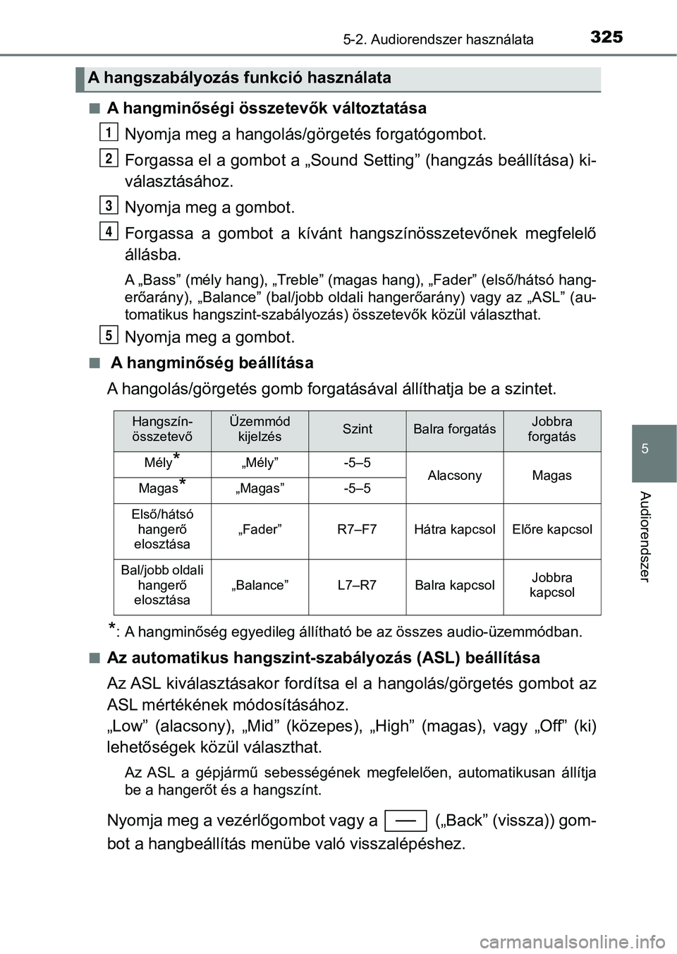 TOYOTA YARIS HATCHBACK 2018 Kezelési útmutató (in Hungarian) 3255-2. Audiorendszer használata
5
Audiorendszer
nA hangminőségi összetevők változtatásaNyomja meg a hangolás/gör getés forgatógombot.
Forgassa el a gombot a „Sound Se tting” (hangzás TOYOTA YARIS HATCHBACK 2018 Kezelési útmutató (in Hungarian) 3255-2. Audiorendszer használata
5
Audiorendszer
nA hangminőségi összetevők változtatásaNyomja meg a hangolás/gör getés forgatógombot.
Forgassa el a gombot a „Sound Se tting” (hangzás