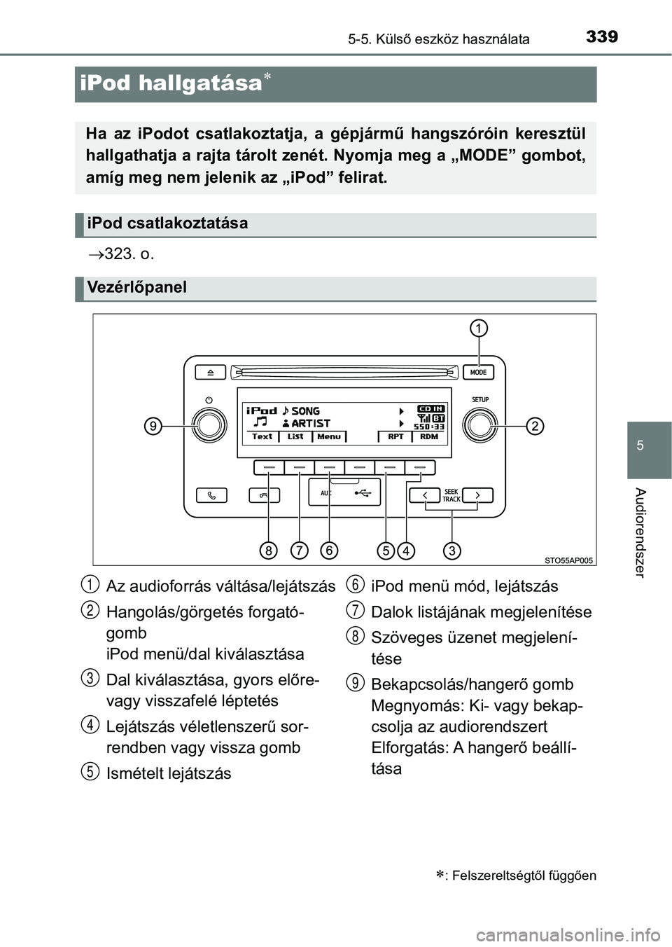 TOYOTA YARIS HATCHBACK 2018 Kezelési útmutató (in Hungarian) 339
5
5-5. Külső eszköz használata
Audiorendszer
iPod hallgatása
323. o.
: Felszereltségtől függően
Ha az iPodot csatlakoztatja, a g épjármű hangszóróin keresztül
hallga TOYOTA YARIS HATCHBACK 2018 Kezelési útmutató (in Hungarian) 339
5
5-5. Külső eszköz használata
Audiorendszer
iPod hallgatása
323. o.
: Felszereltségtől függően
Ha az iPodot csatlakoztatja, a g épjármű hangszóróin keresztül
hallga