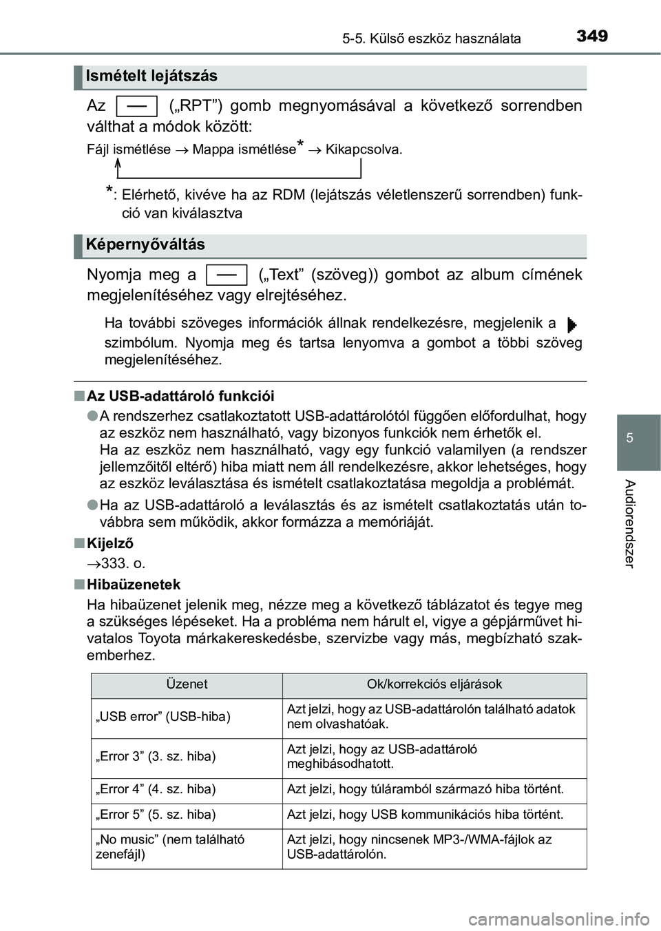 TOYOTA YARIS HATCHBACK 2018 Kezelési útmutató (in Hungarian) 3495-5. Külső eszköz használata
5
Audiorendszer
Az („RPT”) gomb megnyomásával a következő sorrendben
válthat a módok között:
Fájl ismétlése Mappa ismétlése* Kikapc TOYOTA YARIS HATCHBACK 2018 Kezelési útmutató (in Hungarian) 3495-5. Külső eszköz használata
5
Audiorendszer
Az („RPT”) gomb megnyomásával a következő sorrendben
válthat a módok között:
Fájl ismétlése Mappa ismétlése* Kikapc