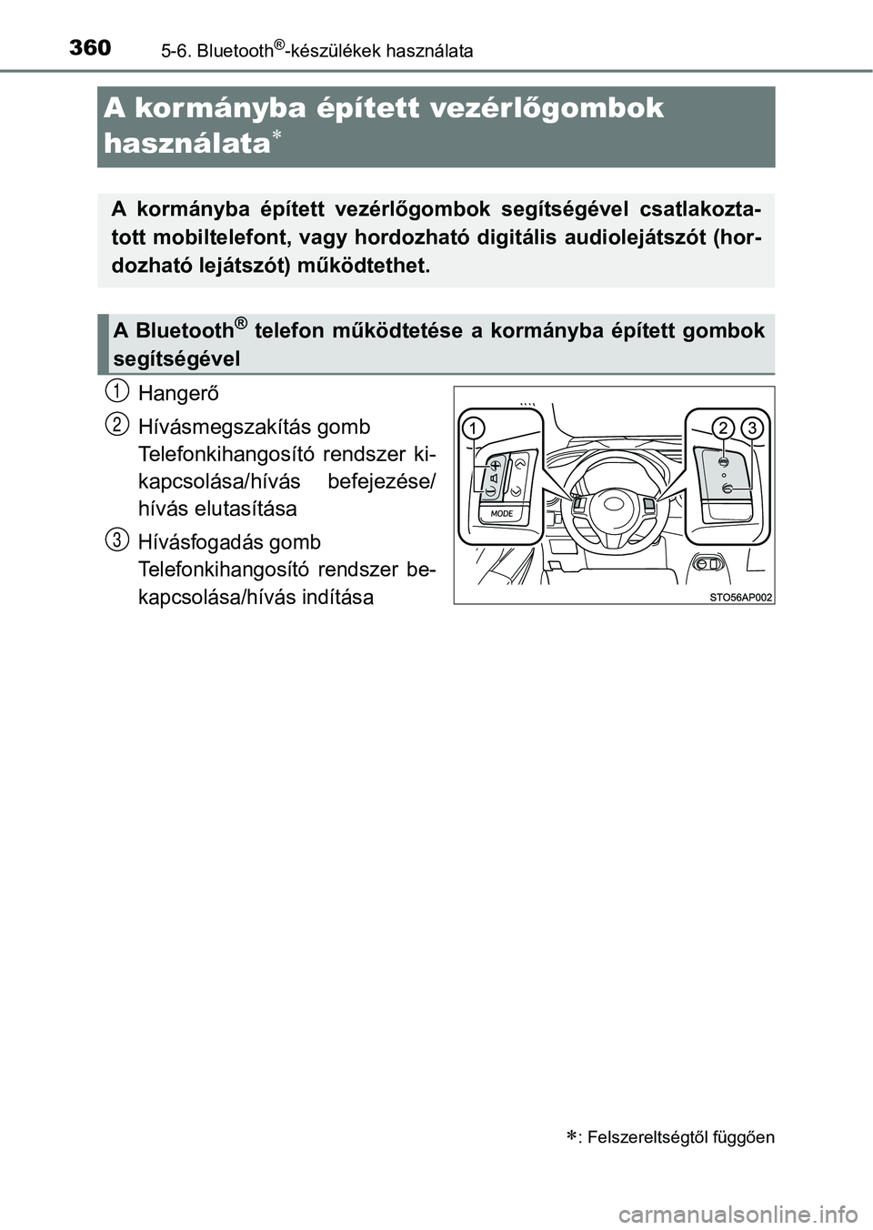 TOYOTA YARIS HATCHBACK 2018 Kezelési útmutató (in Hungarian) 3605-6. Bluetooth®-készülékek használata
A kormányba épített vezérlőgombok
használata
Hangerő
Hívásmegszakítás gomb
Telefonkihangosító rendszer ki-
kapcsolása/hívás befeje TOYOTA YARIS HATCHBACK 2018 Kezelési útmutató (in Hungarian) 3605-6. Bluetooth®-készülékek használata
A kormányba épített vezérlőgombok
használata
Hangerő
Hívásmegszakítás gomb
Telefonkihangosító rendszer ki-
kapcsolása/hívás befeje