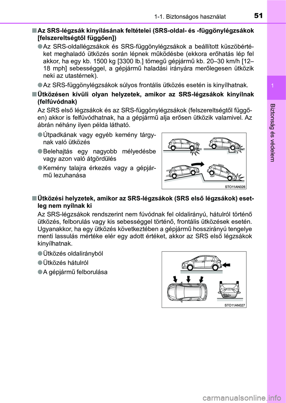 TOYOTA YARIS HATCHBACK 2018  Kezelési útmutató (in Hungarian) 511-1. Biztonságos használat
1
Biztonság és védelem
nAz SRS-légzsák kinyílásának feltételei (SRS-oldal- és -függönyl égzsákok
[felszereltségtől függően])
l Az  SRS-oldallégzsákok