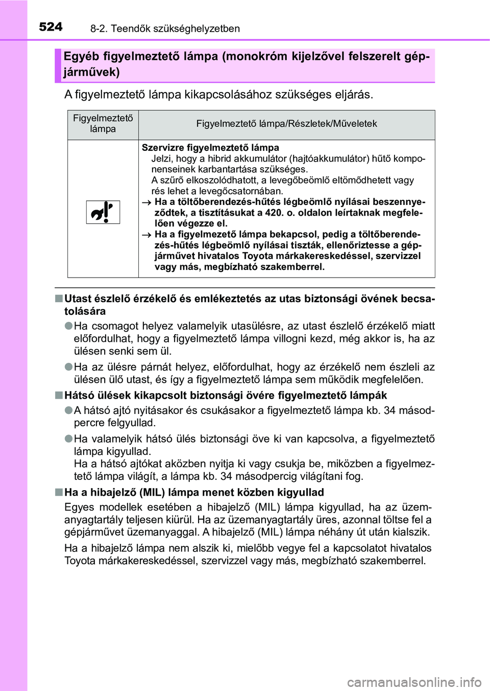 TOYOTA YARIS HATCHBACK 2018 Kezelési útmutató (in Hungarian) 5248-2. Teendők szükséghelyzetben
A figyelmeztető lámpa kikapcsolásához szükséges eljárás.
nUtast észlelő érzékelő és emlékeztetés az utas biztonsági övéne k becsa-
tolására
l TOYOTA YARIS HATCHBACK 2018 Kezelési útmutató (in Hungarian) 5248-2. Teendők szükséghelyzetben
A figyelmeztető lámpa kikapcsolásához szükséges eljárás.
nUtast észlelő érzékelő és emlékeztetés az utas biztonsági övéne k becsa-
tolására
l