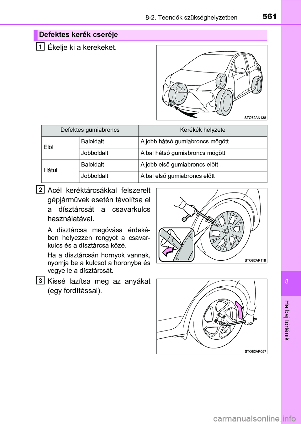 TOYOTA YARIS HATCHBACK 2018 Kezelési útmutató (in Hungarian) 5618-2. Teendők szükséghelyzetben
8
Ha baj történik
Ékelje ki a kerekeket.
Acél keréktárcsákkal felszerelt
gépjárművek esetén távolítsa el
a dísztárcsát a csavarkulcs
használa TOYOTA YARIS HATCHBACK 2018 Kezelési útmutató (in Hungarian) 5618-2. Teendők szükséghelyzetben
8
Ha baj történik
Ékelje ki a kerekeket.
Acél keréktárcsákkal felszerelt
gépjárművek esetén távolítsa el
a dísztárcsát a csavarkulcs
használa