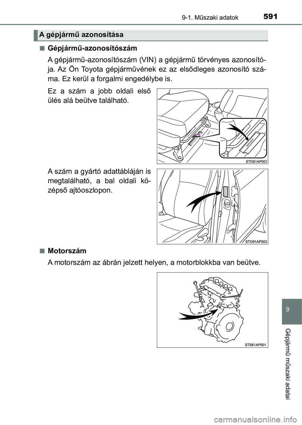TOYOTA YARIS HATCHBACK 2018 Kezelési útmutató (in Hungarian) 5919-1. Műszaki adatok
9
Gépjármű műszaki adatai
nGépjármű-azonosítószám
A gépjármű-azonosítószám (VIN) a gépjármű törvényes azonosító-
ja. Az Ön Toyota gépjárművének TOYOTA YARIS HATCHBACK 2018 Kezelési útmutató (in Hungarian) 5919-1. Műszaki adatok
9
Gépjármű műszaki adatai
nGépjármű-azonosítószám
A gépjármű-azonosítószám (VIN) a gépjármű törvényes azonosító-
ja. Az Ön Toyota gépjárművének