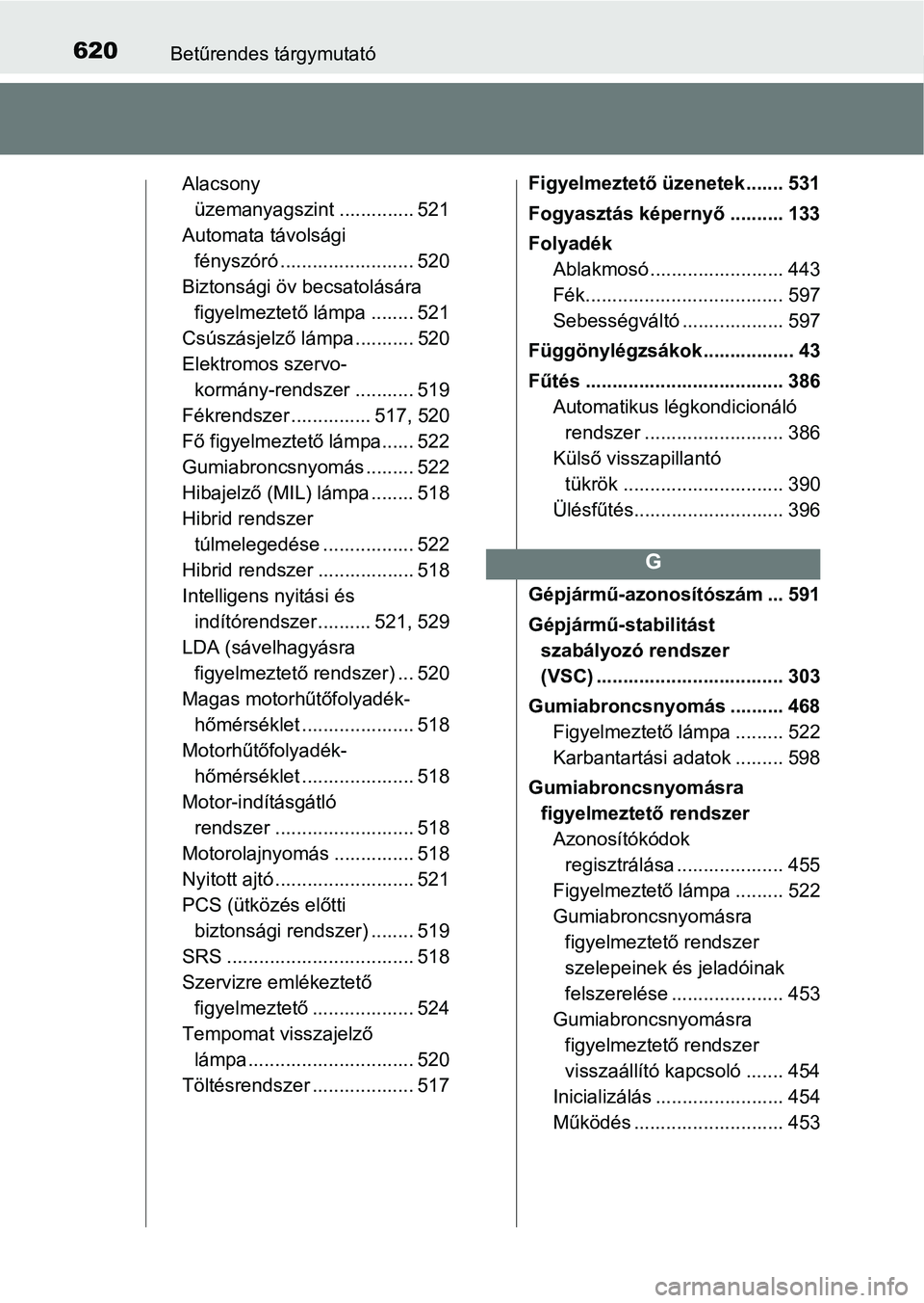 TOYOTA YARIS HATCHBACK 2018 Kezelési útmutató (in Hungarian) 620Betűrendes tárgymutató
Alacsony üzemanyagszint .............. 521
Automata távolsági fényszóró .......... ............... 520
Biztonsági öv becsatolására figyelmeztető lámpa ...... TOYOTA YARIS HATCHBACK 2018 Kezelési útmutató (in Hungarian) 620Betűrendes tárgymutató
Alacsony üzemanyagszint .............. 521
Automata távolsági fényszóró .......... ............... 520
Biztonsági öv becsatolására figyelmeztető lámpa ......