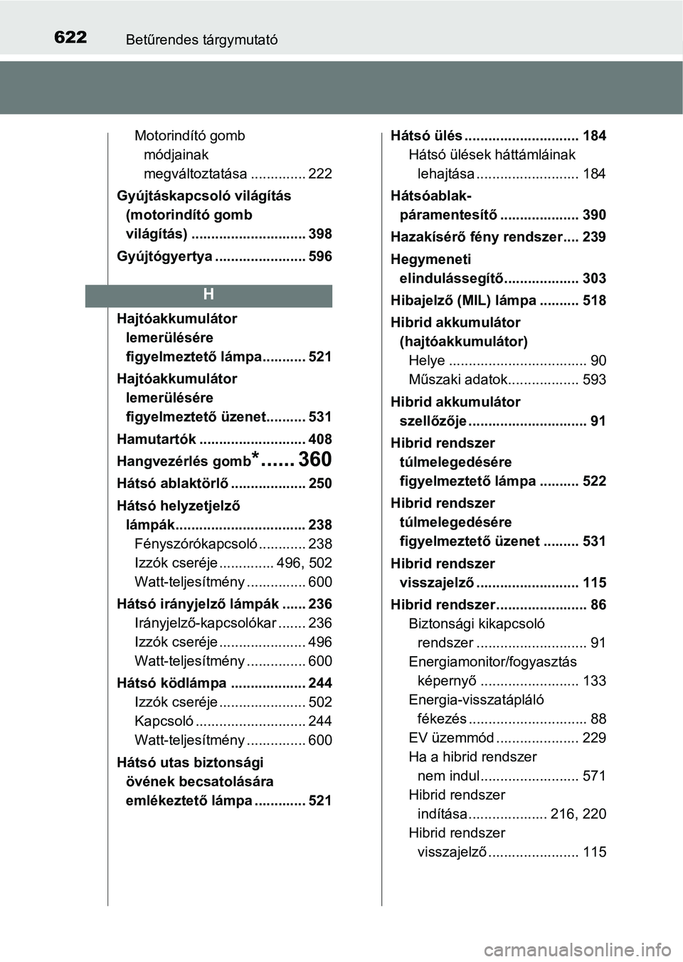 TOYOTA YARIS HATCHBACK 2018 Kezelési útmutató (in Hungarian) 622Betűrendes tárgymutató
Motorindító gomb módjainak
megváltoztatása .............. 222
Gyújtáskapcsoló világítás (motorindító gomb
világítás) ............................. 398
G TOYOTA YARIS HATCHBACK 2018 Kezelési útmutató (in Hungarian) 622Betűrendes tárgymutató
Motorindító gomb módjainak
megváltoztatása .............. 222
Gyújtáskapcsoló világítás (motorindító gomb
világítás) ............................. 398
G