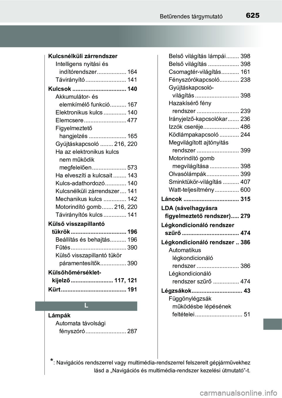 TOYOTA YARIS HATCHBACK 2018 Kezelési útmutató (in Hungarian) 625Betűrendes tárgymutató
Kulcsnélküli zárrendszerIntelligens nyitási és indítórendszer.................. 164
Távirányító ......................... 141
Kulcsok .......................... TOYOTA YARIS HATCHBACK 2018 Kezelési útmutató (in Hungarian) 625Betűrendes tárgymutató
Kulcsnélküli zárrendszerIntelligens nyitási és indítórendszer.................. 164
Távirányító ......................... 141
Kulcsok ..........................