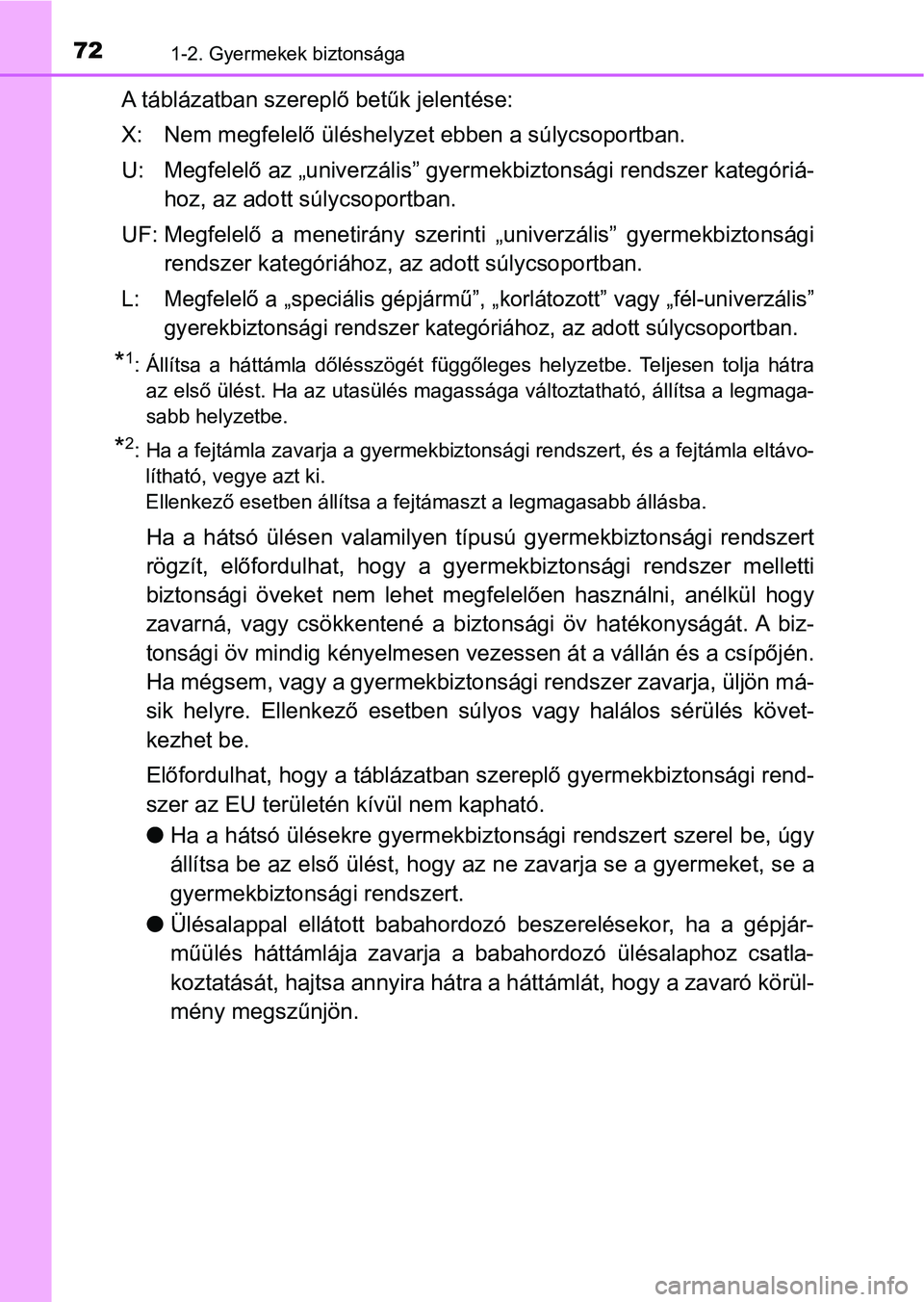 TOYOTA YARIS HATCHBACK 2018 Kezelési útmutató (in Hungarian) 721-2. Gyermekek biztonsága
A táblázatban szereplő betűk jelentése:
X: Nem megfelelő ül éshelyzet ebben a súlycsoportban.
U: Megfelelő az „univerzális” gyer mekbiztonsági rendszer kat TOYOTA YARIS HATCHBACK 2018 Kezelési útmutató (in Hungarian) 721-2. Gyermekek biztonsága
A táblázatban szereplő betűk jelentése:
X: Nem megfelelő ül éshelyzet ebben a súlycsoportban.
U: Megfelelő az „univerzális” gyer mekbiztonsági rendszer kat