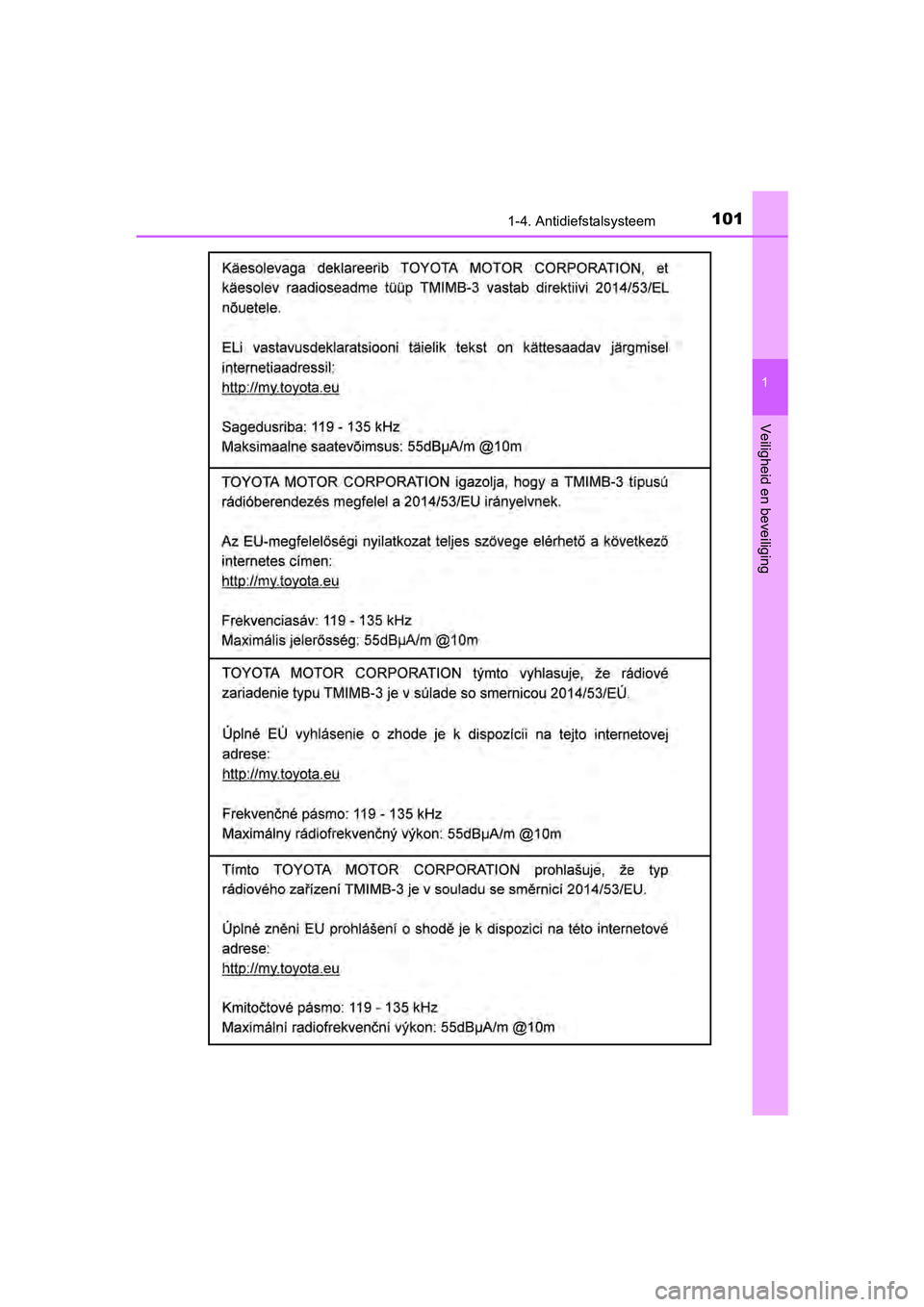 TOYOTA YARIS HATCHBACK 2018  Instructieboekje (in Dutch) 1011-4. Antidiefstalsysteem
1
Veiligheid en beveiliging
YARIS_HV_OM_Europe_OM52C96E
YARIS_HV_OM_Europe_OM52C96E.book  Page 101  Wednesday, February 14, 2018  2:57 PM 