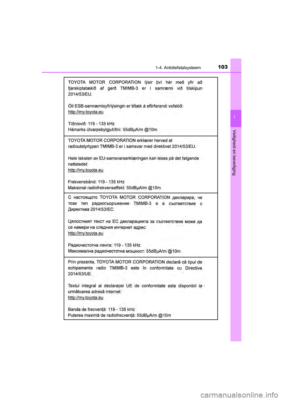 TOYOTA YARIS HATCHBACK 2018  Instructieboekje (in Dutch) 1031-4. Antidiefstalsysteem
1
Veiligheid en beveiliging
YARIS_HV_OM_Europe_OM52C96E
YARIS_HV_OM_Europe_OM52C96E.book  Page 103  Wednesday, February 14, 2018  2:57 PM 