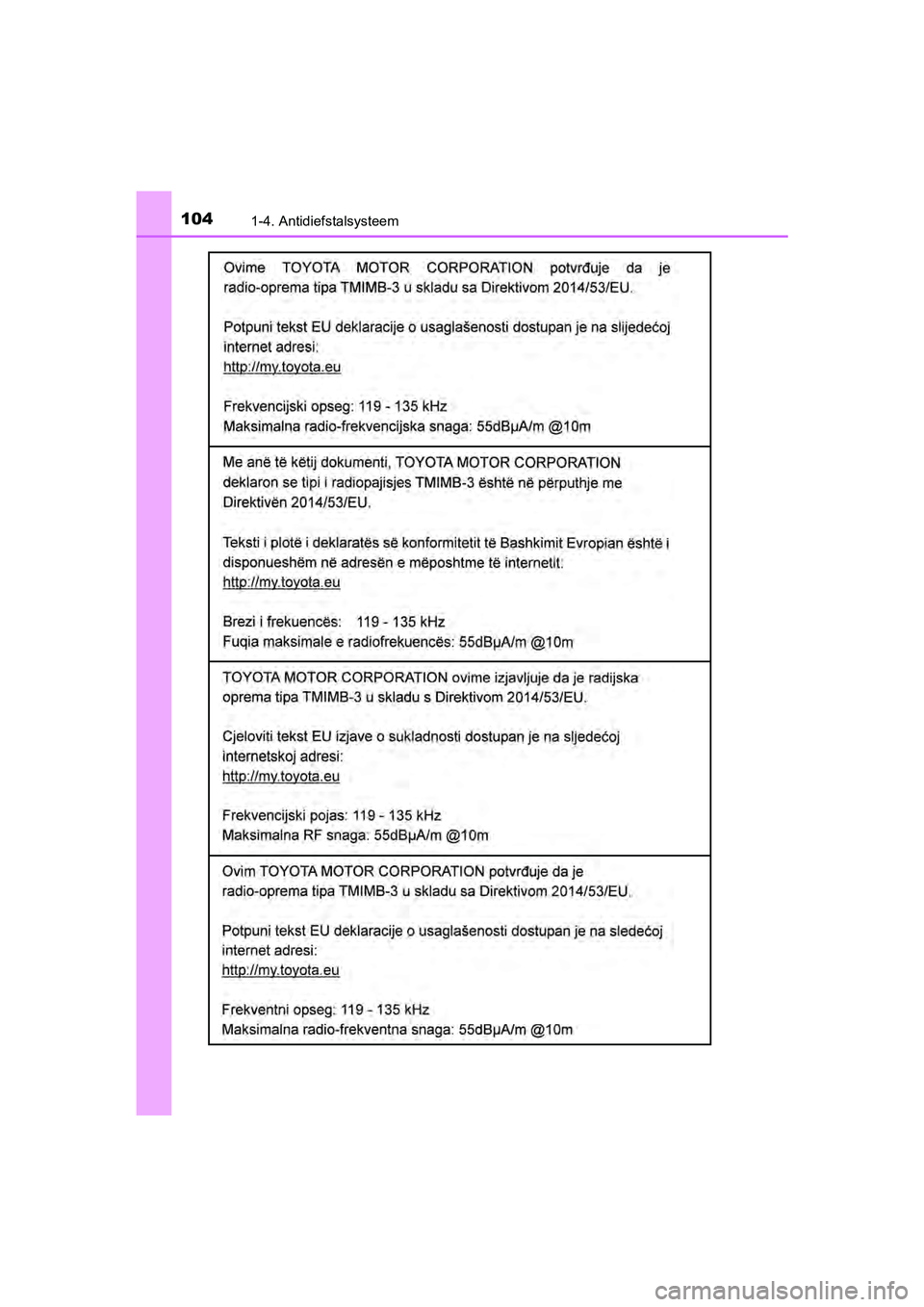 TOYOTA YARIS HATCHBACK 2018  Instructieboekje (in Dutch) 1041-4. Antidiefstalsysteem
YARIS_HV_OM_Europe_OM52C96E
YARIS_HV_OM_Europe_OM52C96E.book  Page 104  Wednesday, February 14, 2018  2:57 PM 